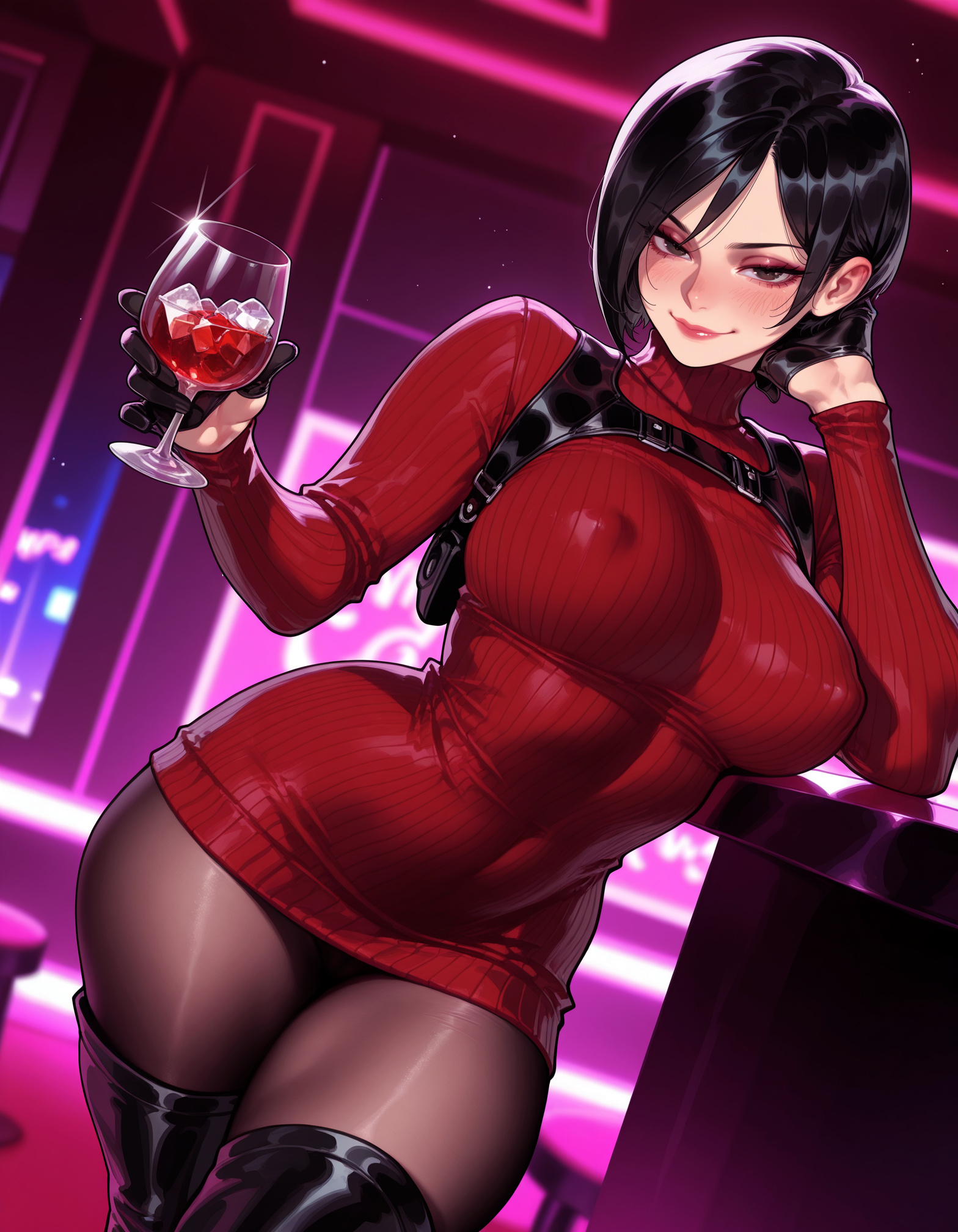 1girls, ada wong, ai generated, alcohol, balecxi, bar (place), bar stool, black eyes, black footwear, black gloves, black hair, black legwear, black pantyhose, blurry background, blush, boots, breasts, brown eyes, brown pantyhose, capcom, closed mouth, clothing, covered navel, covered nipples, cup, curvaceous, curvaceous female, curvaceous figure, curvy, curvy figure, dress, drinking glass, dutch angle, female, female focus, female only, footwear, gloves, half gloves, harness, high heels, holding, holding cup, holster, ice, ice cube, impossible clothes, indoors, inviting, large breasts, legwear, lips, long sleeves, looking at viewer, pantyhose, presenting, presenting ass, presenting breasts, presenting hindquarters, presenting self, red sweater, resident evil, resident evil 2, resident evil 4, ribbed sweater, seductive, seductive look, seductive smile, short dress, short hair, shoulder holster, smile, solo, sweater, sweater dress, thigh boots, thighhighs, thighs, turtleneck, turtleneck dress, turtleneck sweater, voluptuous, voluptuous female, wine, wine glass