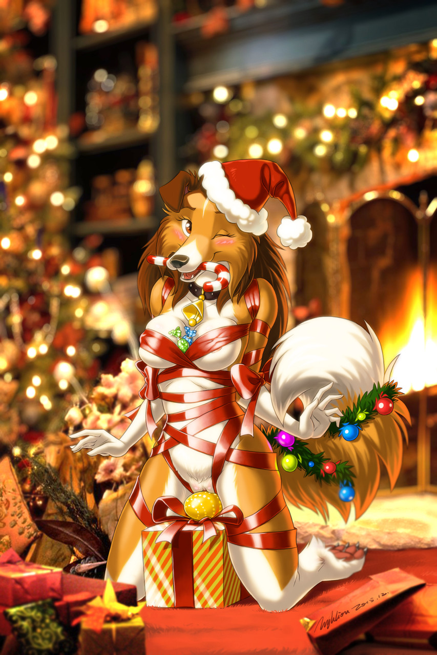 2015 amoon anthro bell bondage bound breasts candy canine christmas clothing collar female food fur gift globes hat holidays hyhlion looking_at_viewer mammal nipples nude pussy santa_hat shepherd solo tree white_fur