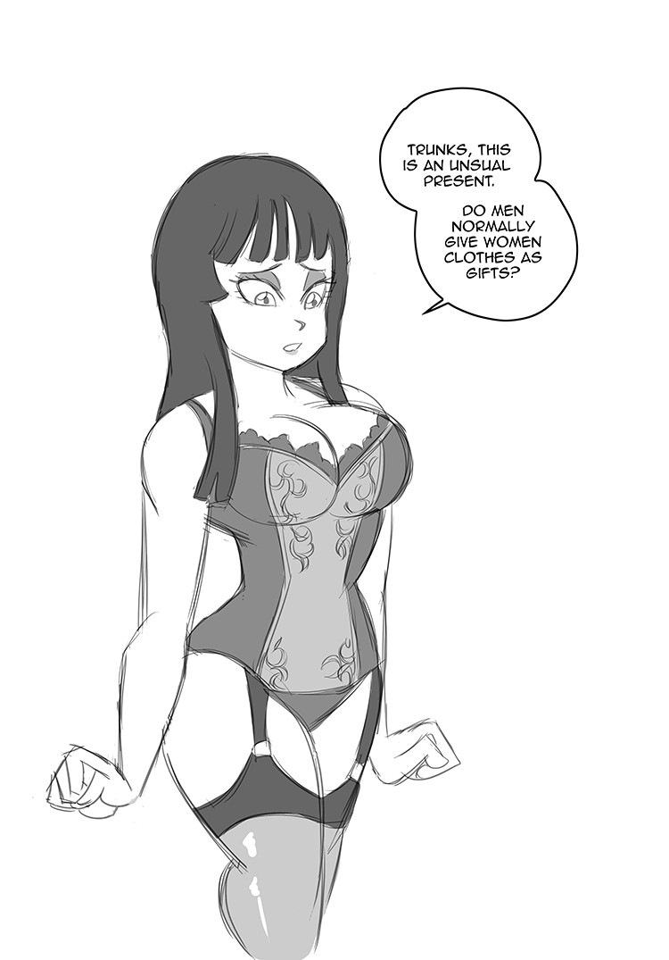 1girls, breasts, busty, cleavage, dragon ball, dragon ball super, eyeshadow, female, female only, funsexydragonball, garter straps, human, lingerie, mai (dragon ball), monochrome, solo, voluptuous