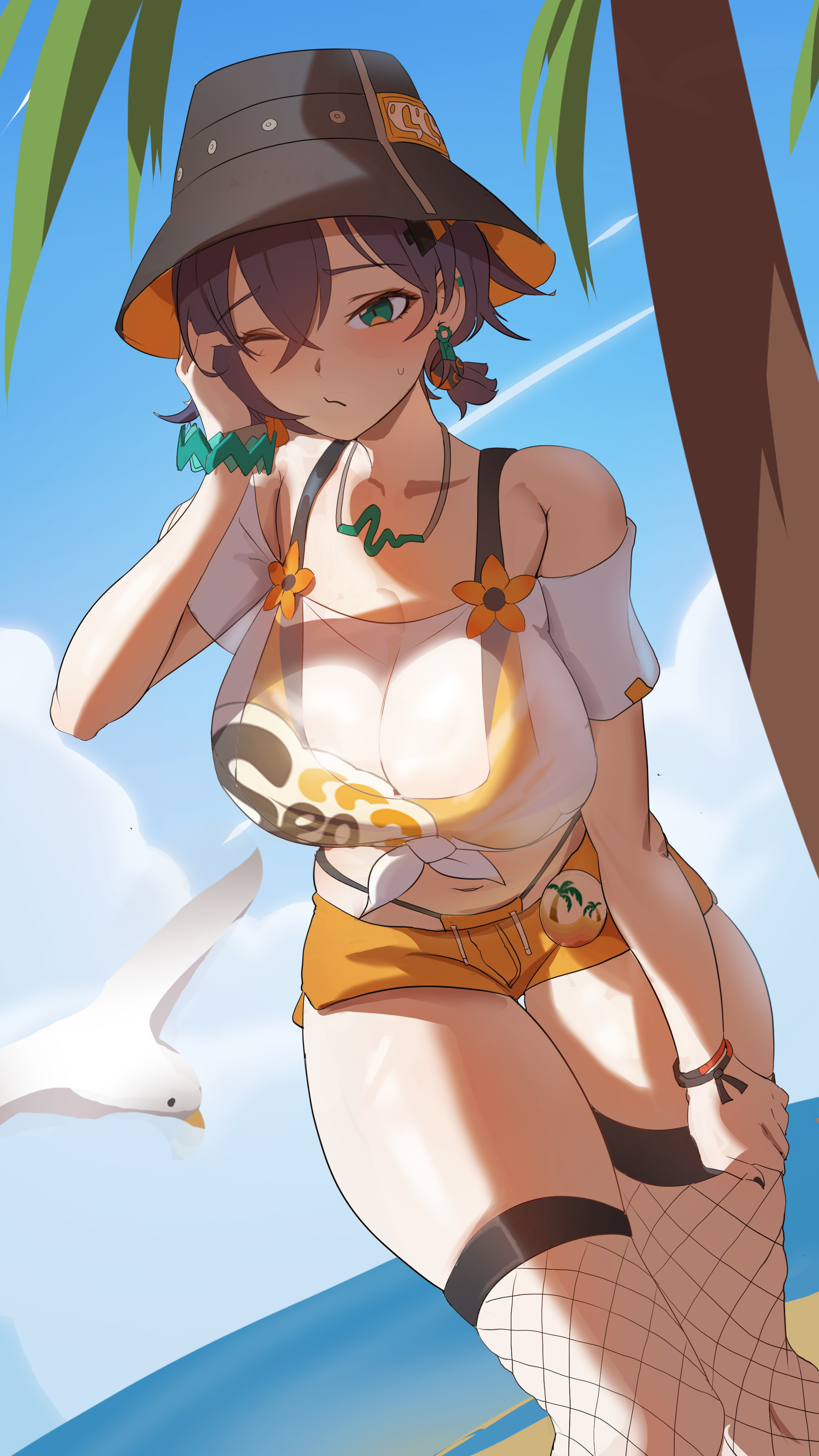 1girls, absurdres, bare shoulders, belle (summer skies) (zenless zone zero), belle (zenless zone zero), bird, black hat, black nails, blue hair, blue sky, bracelet, breasts, bucket hat, cleavage, commentary request, day, earrings, female, female only, fingernails, fishnet thighhighs, fishnets, green eyes, hair between eyes, hand up, hat, highres, jewelry, large breasts, leaning forward, looking at viewer, nail polish, navel, off shoulder, off-shoulder shirt, official alternate costume, one eye closed, orange shorts, outdoors, shirt, short hair, shorts, sky, solo, stomach, thighhighs, thighs, tied shirt, white bird, yuyiosang, zenless zone zero