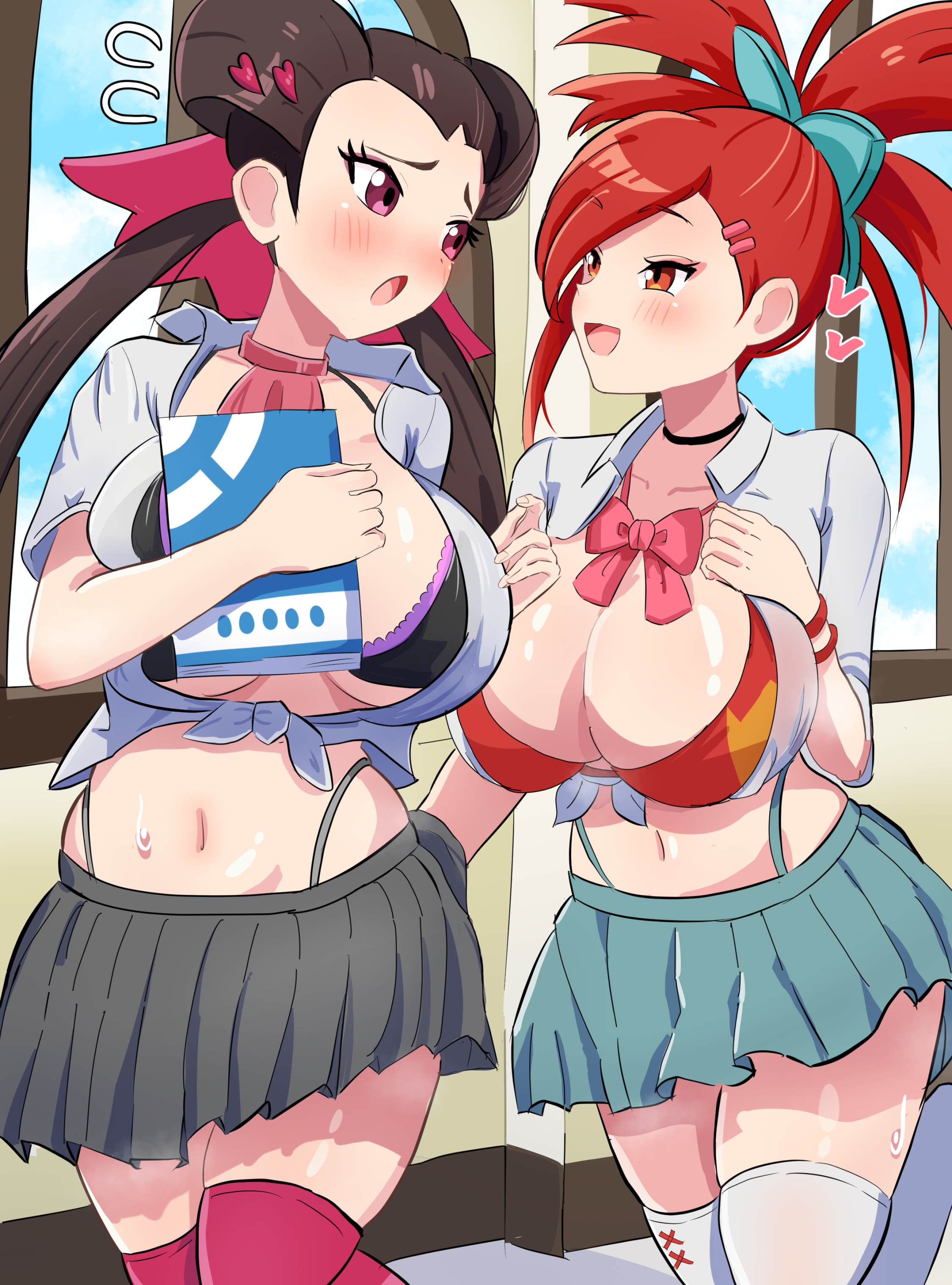 2girls, alternate breast size, amrbatafri, big breasts, bimbo, blush, bow, bowtie, bra, breasts, brown hair, busty, busty female, choker, cleavage, colored, curvy, curvy female, embarrassed, female, female only, flannery (pokemon), gyaru, gyarufied, hair ornament, hallway, hand on ass, hand under skirt, huge breasts, large breasts, leggings, midriff, midriff baring shirt, miniskirt, navel, nervous, pink eyes, pokemon, pokemon oras, pokemon rse, ponytail, red eyes, red hair, revealing clothes, roxanne (pokemon), school, school uniform, schoolgirl, short skirt, skirt, skirt lift, smile, smiling, stockings, sweat, sweatdrop, tagme, teasing, thighhighs, thong straps, tied shirt, twintails, yuri