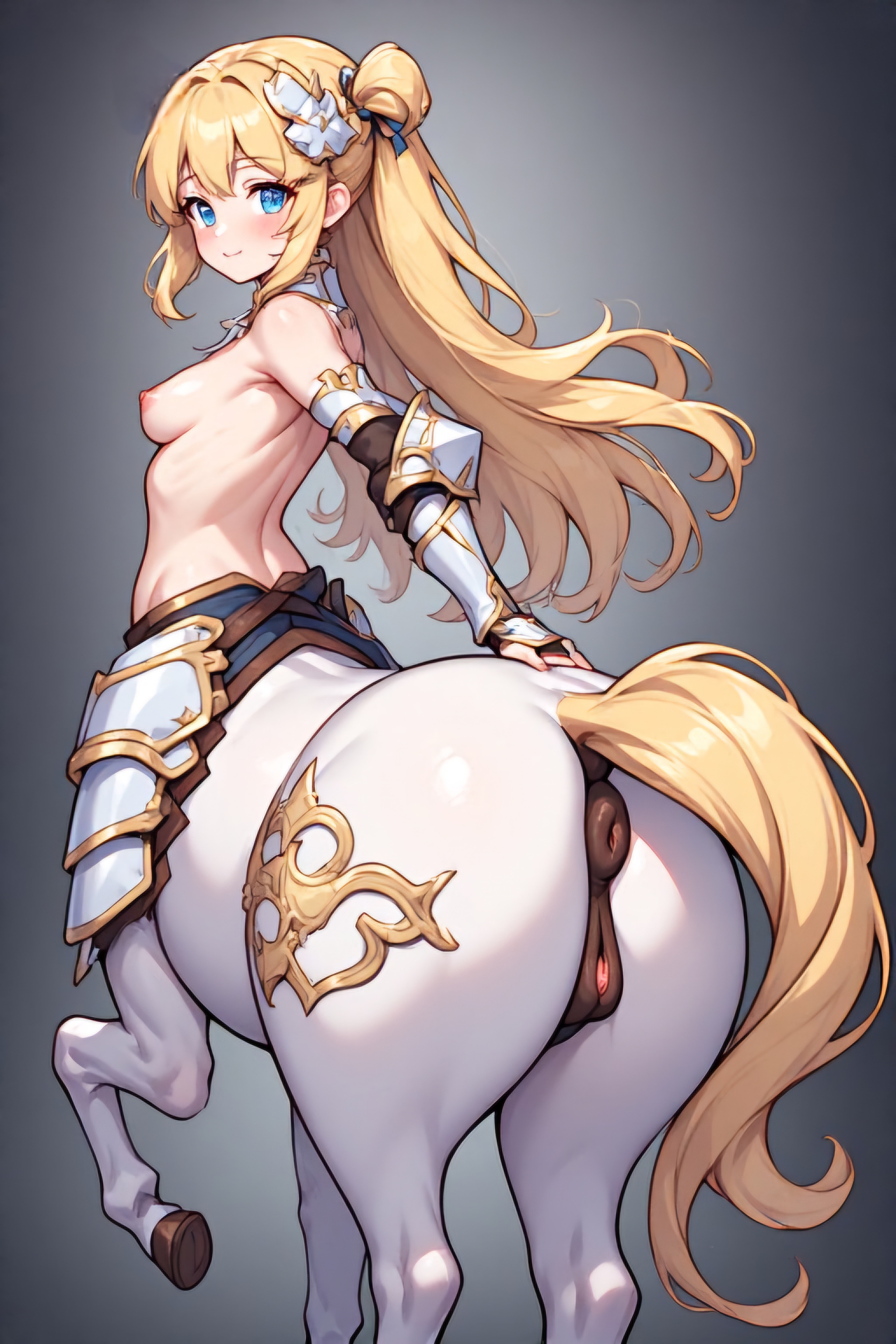 ai generated, armor, armored female, ass focus, back view, blonde hair, blue eyes, centaur, centaur girl, centauress, cute, female, horse, horse anus, horse girl, horse pussy, horse tail, looking back, pink nipples, pussy, small breasts, white horse