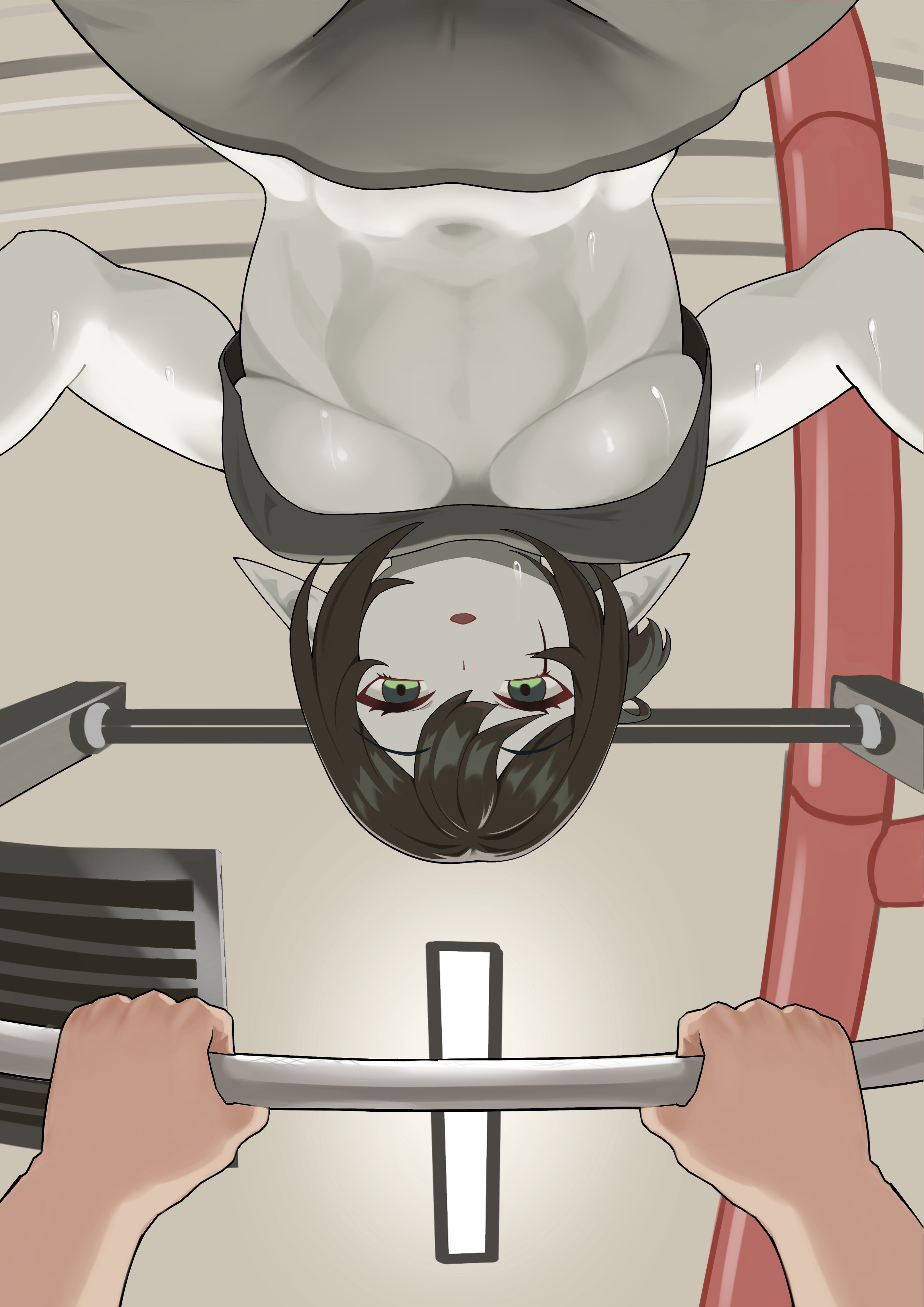 1boy, 1girls, abs, athletic, athletic female, clothed, clothing, female, indie virtual youtuber, layna lazar, lifting weights, male, male pov, pale skin, pale-skinned female, shift (shiftillust), small breasts, underboob, unseen male face, virtual youtuber, weightlifting, workout, workout clothes