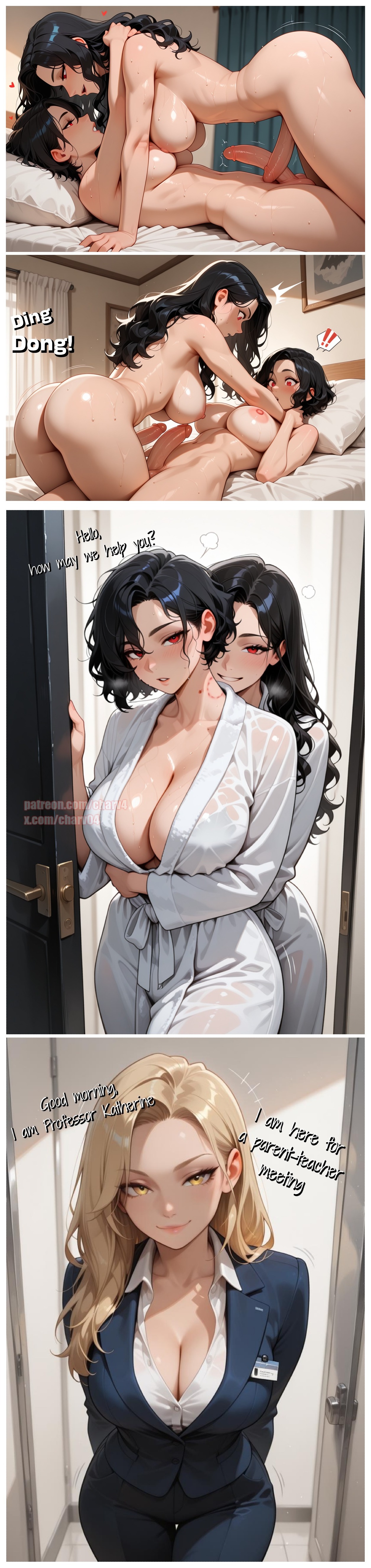 3futas, ai generated, bite, bite mark, black hair, blonde hair, charv, cleavage, doorway, futa on futa, futa only, futadom, futanari, kaori (charv), katherine (charv), long hair, milf, on bed, red eyes, selene (charv), short hair, surprised, sweat, wife, wife and wife