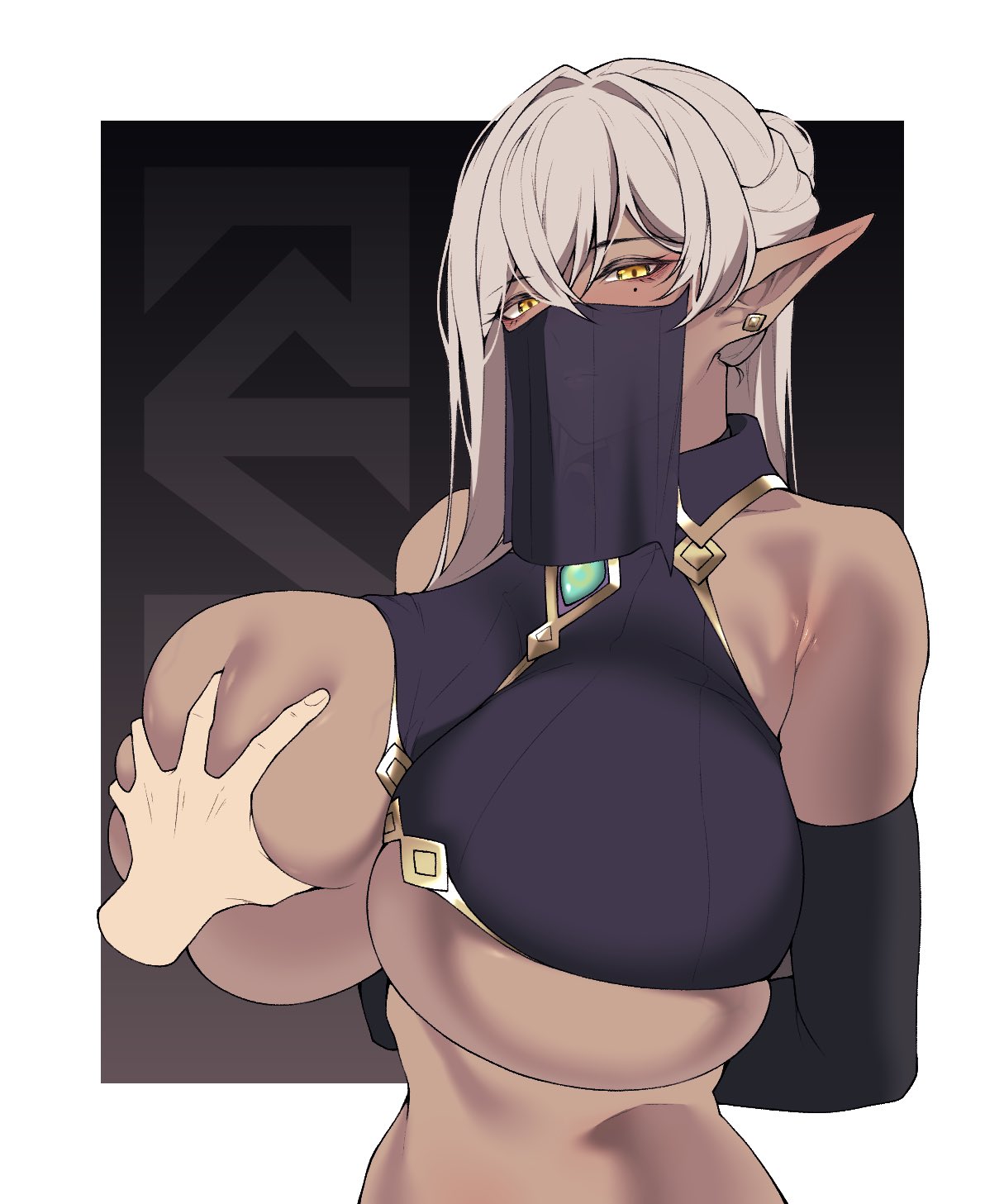 cero rains, dark elf, dark skin, dark-skinned female, elf, elf ears, grabbing, grabbing another's breast, grabbing breasts, gray hair, huge breasts, oc, original character, pierced ears, staring, veil, white hair, yellow eyes