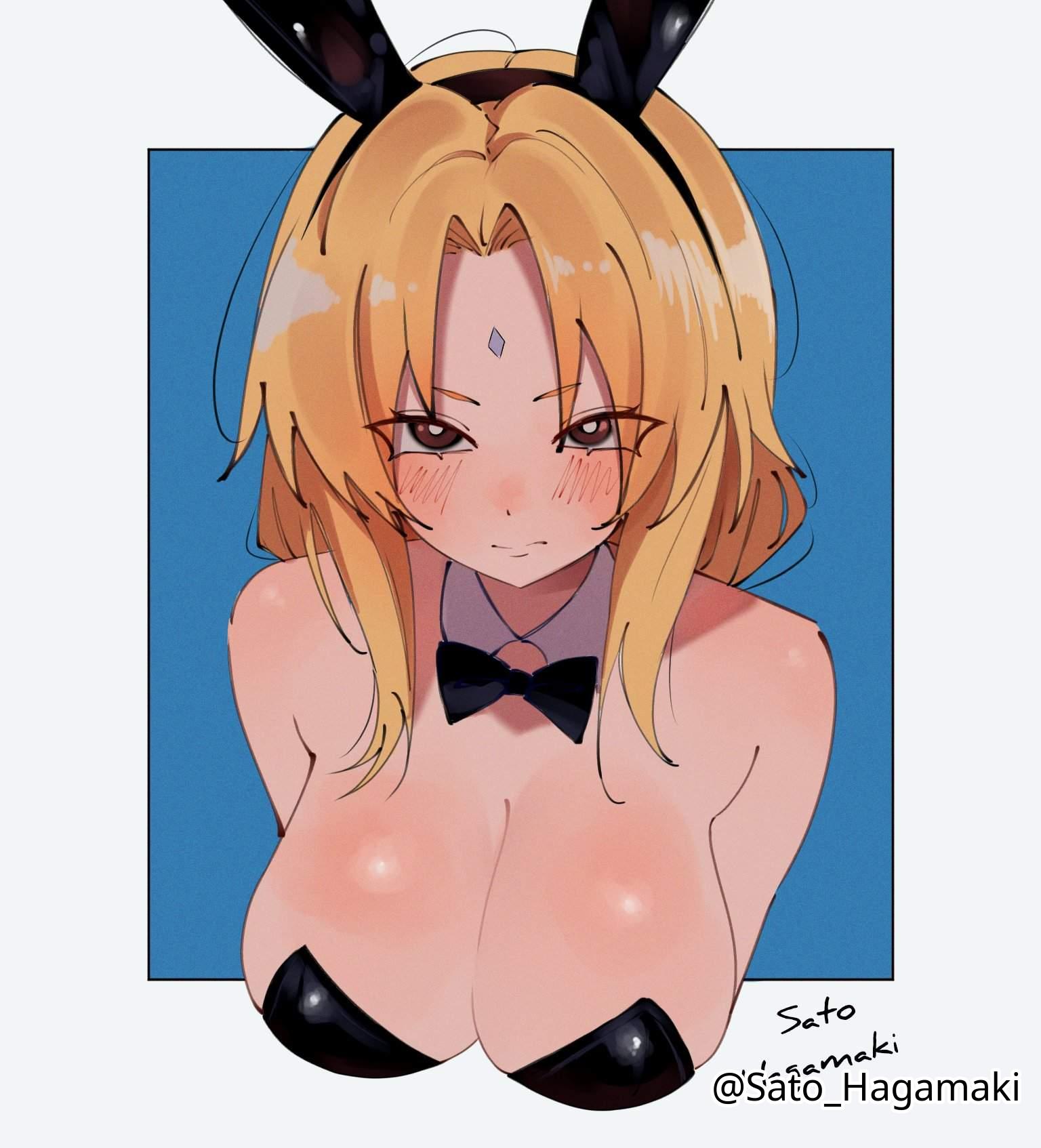 1girls, 2d, 2d (artwork), 2d artwork, adult, adult female, big breasts, black bowtie, black bunny ears, black bunnysuit, black hairband, black leotard, black topwear, blonde female, blonde hair, blonde hair female, blonde-haired female, blue background, blush, blush face, blushing at viewer, blushing female, blushing lines, bowtie, breasts, brown eyes, brown-eyed female, bunny ears, bunnygirl, bunnygirl outfit, bunnysuit, busty, busty female, busty girl, cleavage, collar, collarbone, digital, digital art, digital drawing, digital drawing (artwork), digital media, digital media (artwork), drawing, embarrassed, embarrassed expression, embarrassed female, female, female focus, female only, flustered, flustered female, forehead mark, gilf, high resolution, highres, large boobs, large breasts, leotard, long hair, looking at viewer, mature, mature female, naruto, naruto (classic), naruto (series), parted bangs, sato hagamaki, shiny breasts, shiny hair, shiny shoulders, shiny skin, shoulders, simple background, solo, topwear, tsunade, tsunade (naruto), upper body, white background, white border, white collar, white pupils