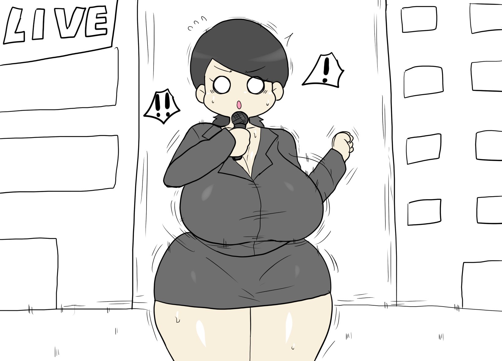 1girls, big ass, big breasts, big butt, big thighs, black hair, bouncing breasts, earthquake, enigi09, microphone, news, news reporter, original, original character, ponytail, public, shaking, shocked, shocked expression, shocked eyes, sweat