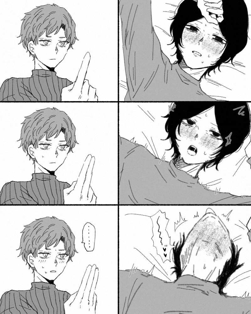 2boys, black and white, black eyes, black hair, blush, coat guy (no, i'm not a human), fingering, male only, no visible genitalia, no, i'm not a human, open mouth, orgasm, orgasm face, pretty boy, protagonist (no, i'm not a human), skinny, tongue out, yaoi