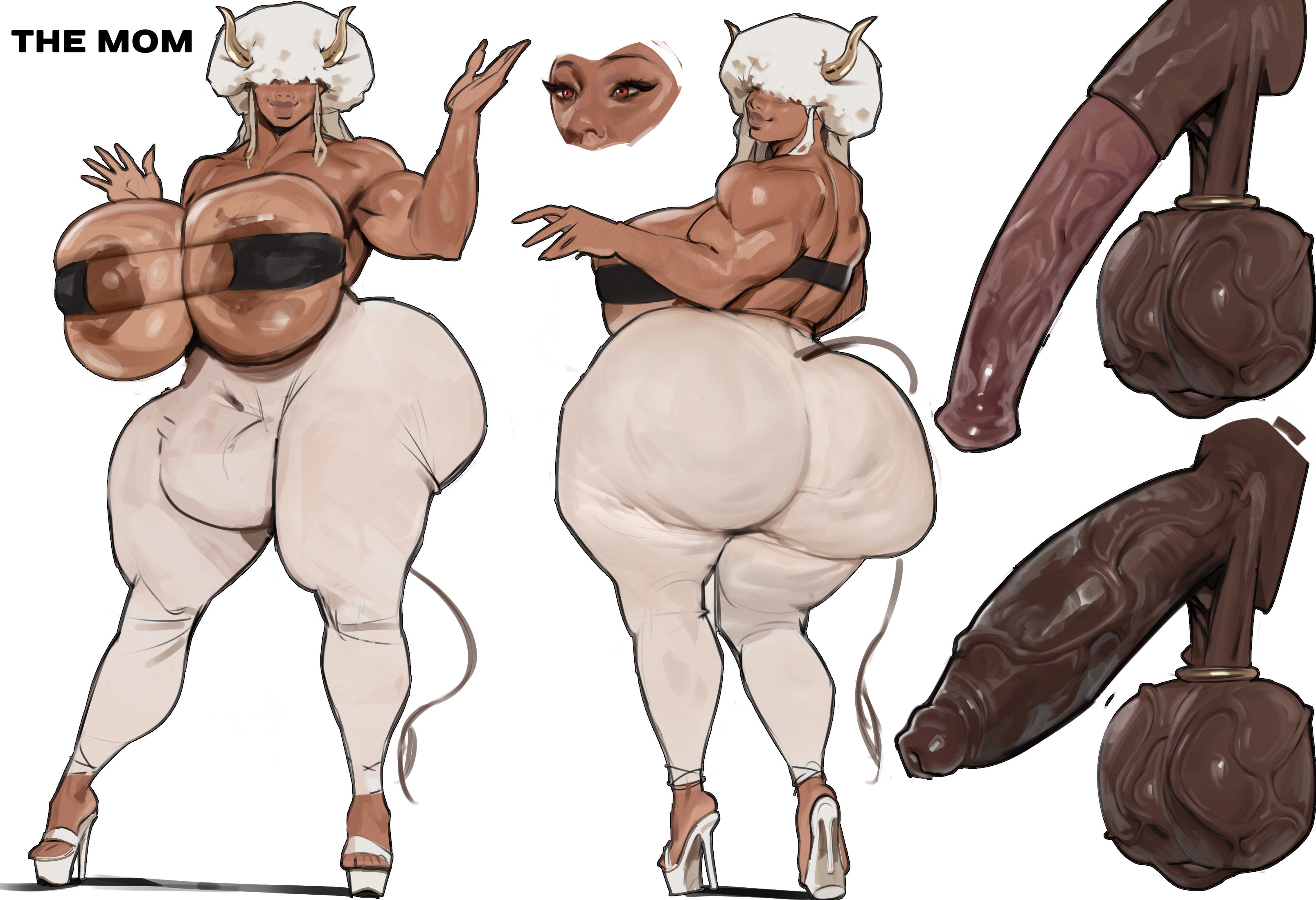 1futa, absurdly large cock, afro, animal genitalia, areolae, ass, ass focus, badonkadonk, balls, big areola, big ass, big breasts, big cock, big penis, bikini top, breasts, bubble butt, bulge, bulge through clothing, bursting breasts, cellulite, cleavage, cleavage overflow, clothed, clothed version, cock, cock ring, cow futa, cow girl, cow horns, cow tail, dangling balls, dangling testicles, dark skin, dark-skinned futa, dick, dumptruck ass, enormous ass, enormous breasts, enormous cock, enormous penis, equine penis, erect penis, erection, fat ass, fat cock, full body, futa, futa cock, futa milf, futa mommy, futa only, futanari, gigantic ass, gigantic breasts, gigantic cock, gigantic penis, ginormous ass, ginormous breasts, hair covering eyes, half-erect, hanging balls, hanging penis, high heels, horsecock, horsecock futa, horsecock futanari, horsecock on humanoid, huge ass, huge breasts, huge cock, humanoid, humanoid penis, humongous ass, humongous breasts, hung, hyper, hyper ass, hyper cock, hyper penis, impossible fit, intersex, long penis, magicmoonsarts, mature, mature body, mature figure, mature futa, milf, model sheet, mommy, multi genitalia, muscular futa, penis, round ass, sagging balls, saggy balls, solo, solo futa, the mom (beefynerdd), thick, thick ass, thick thighs, thighs, tight pants, underboob, upperboob, veins, veiny, veiny balls, veiny penis, very fat penis, very long penis, voluptuous, voluptuous futanari, white hair, wide ass, wide hips