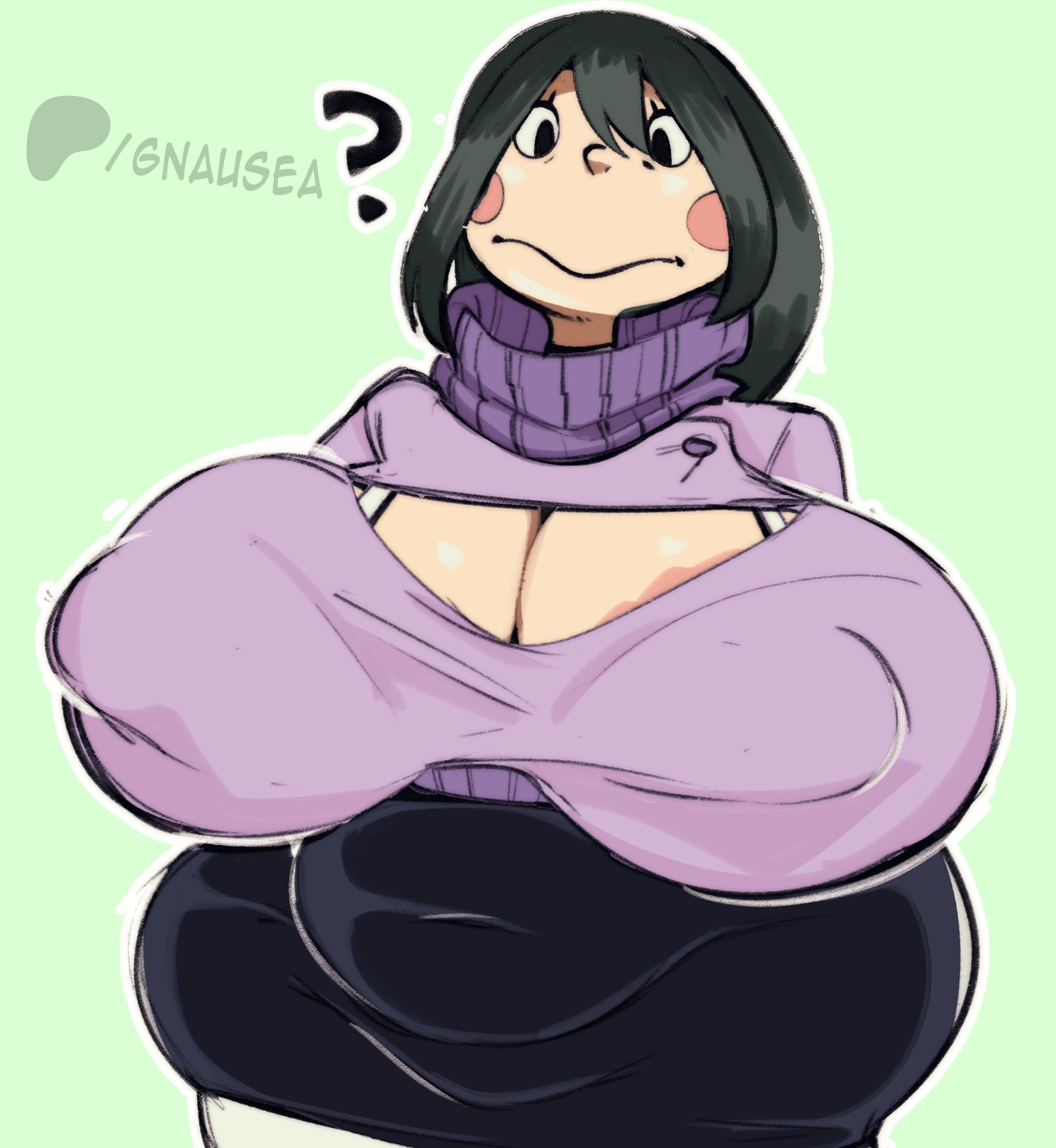 1girls, 2026, 2d, 2d (artwork), 2d artwork, bbw, beru asui, black skirt, chubby, chubby ass, chubby female, cleavage, clothing, confused, curvaceous, curvaceous body, curvaceous female, curvaceous figure, curves, curvy, curvy body, curvy female, curvy figure, curvy hips, dark green hair, female, female only, gnausea, gnauseating, huge breasts, human, human female, human only, light skin, light-skinned female, looking at self, mother, my hero academia, question mark, skirt, solo, solo female, solo human, sweater, url