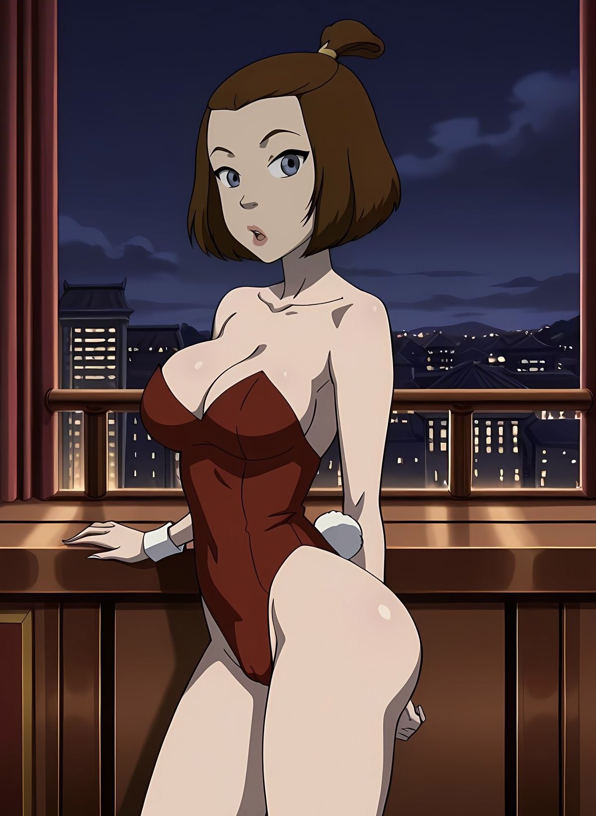 ai generated, avatar the last airbender, ayyaai, bare shoulders, blue eyes, brown hair, bunny girl, bunnysuit, cleavage, female, female focus, female only, hairbun, night, night sky, playboy bunny, plump lips, sideboob, solo, solo female, solo focus, suki, thick ass, thick thighs, tied hair, topknot, wristband