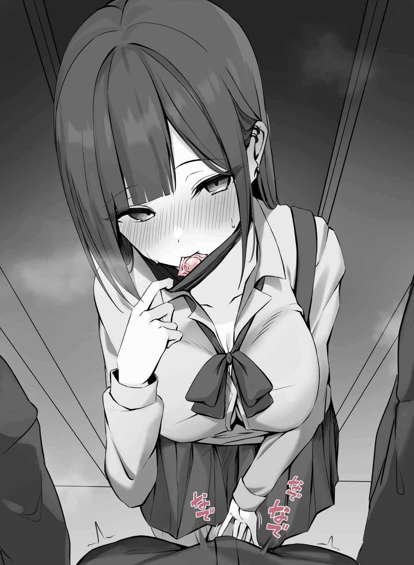 1girls, 3boys, black jacket, black pants, blush, bocchi the rock!, bowtie, breasts, cleavage, condom, condom in mouth, condom wrapper, crotch grab, ear piercing, earrings, emphasis lines, erection under clothes, greyscale, hi res, japanese text, large breasts, long hair, looking at viewer, mask, mask pull, monochrome, pa-san, piercing, pleated skirt, pov, public, sanukinuki, school uniform, skirt, straight, sweat, white shirt