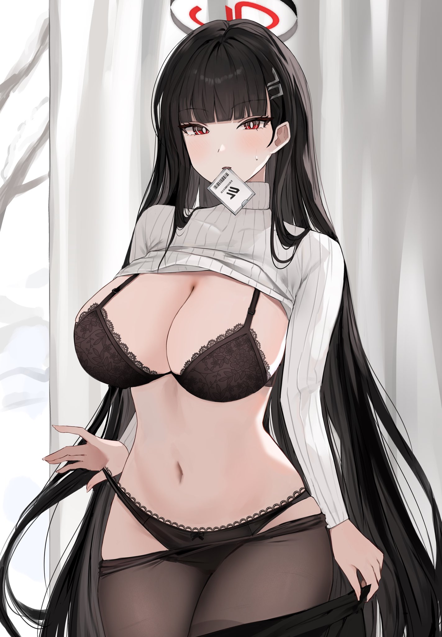 1girls, black bra, black hair, black halo, black panties, black pantyhose, blue archive, blush, bow, bow panties, bra, breasts, clothes lift, clothes pull, commentary request, curtains, female, female only, grey sweater, halo, highres, id card, indoors, large breasts, lifting own clothes, light skin, light-skinned female, long hair, looking at viewer, millennium science school student, navel, panties, pantyhose, pantyhose pull, ponya 0000, pulling own clothes, red eyes, ribbed sweater, rio (blue archive), seminar (blue archive), solo, stomach, sweater, sweater lift, underwear, very long hair