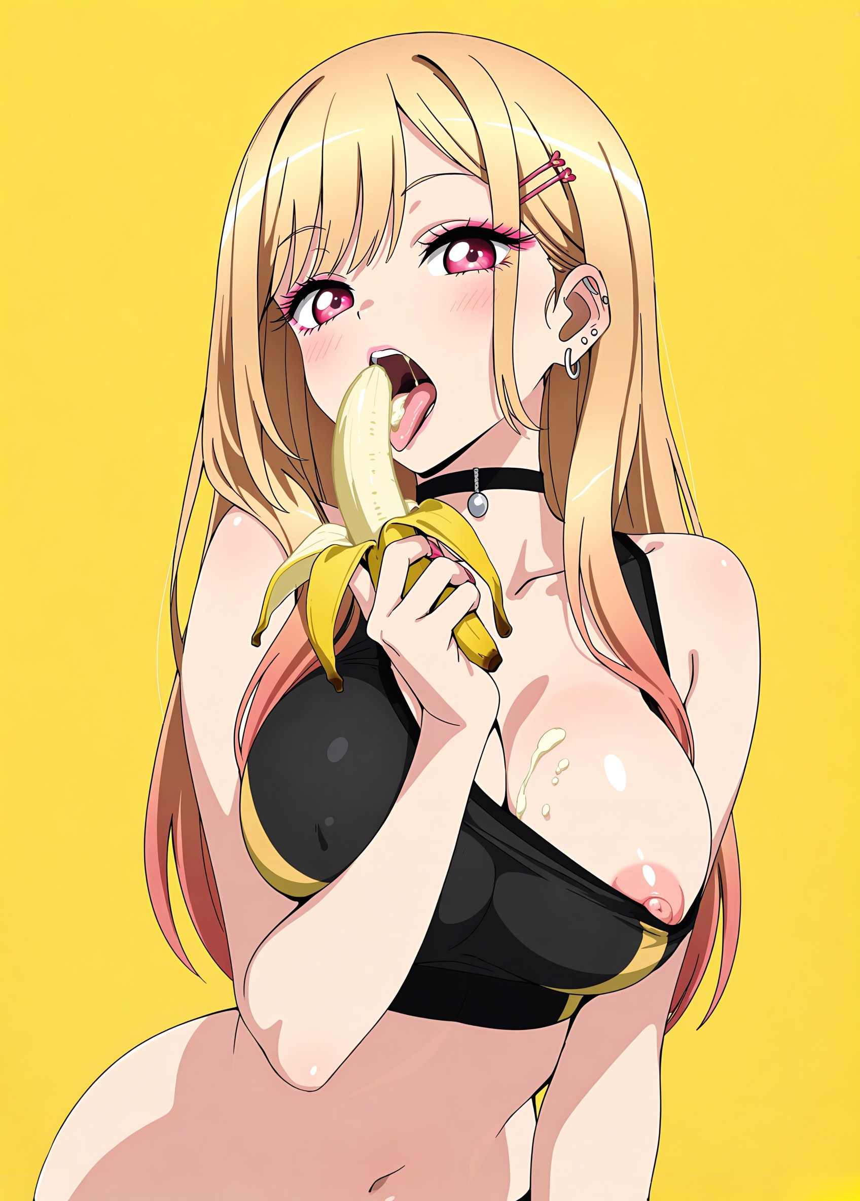 ai generated, banana, barbell piercing, bare shoulders, black choker, blonde hair, blush, breast slip, breasts, choker, collarbone, covered nipples, ear piercing, earrings, eyelashes, female, food, fruit, gradient hair, gyaru, hair ornament, hairclip, holding, holding food, holding fruit, industrial piercing, jewelry, kitagawa marin, large breasts, long hair, looking at viewer, makeup, multicolored hair, navel, nipple slip, nipples, one breast out, open mouth, phallic symbol, piercing, pink eyes, pink eyeshadow, pink nails, ring, saliva, sexually suggestive, simple background, solo, sono bisque doll wa koi wo suru, sports bra, suggestive fluid, swept bangs, teeth, tongue, tongue out, upper body, yellow background