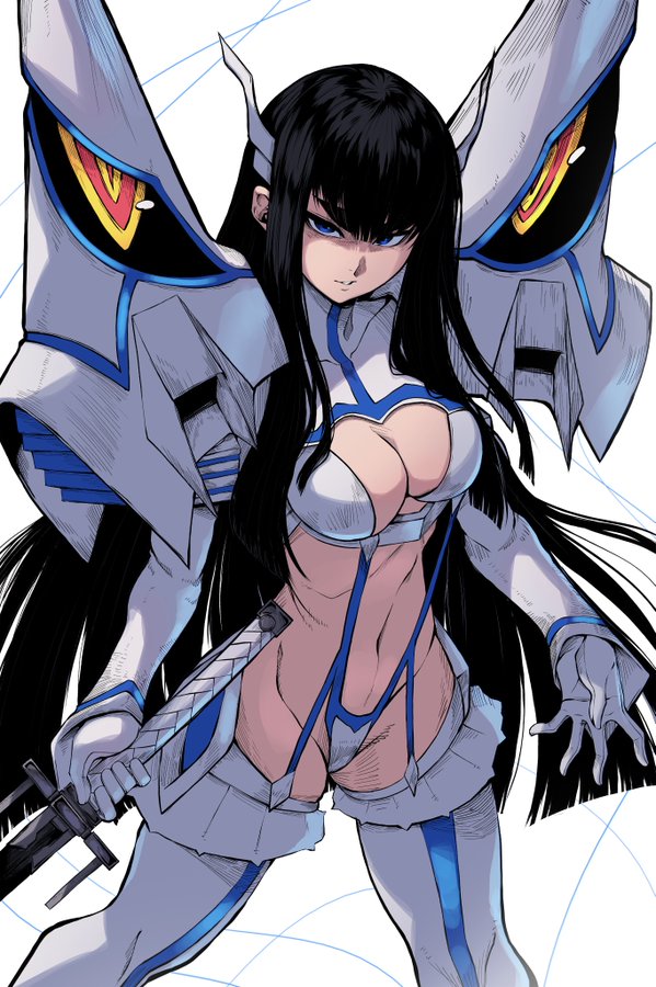 1girls, armour, big breasts, black hair, black-haired female, female, female focus, junketsu, kill la kill, kiryuuin satsuki, provocative, serious, serious look