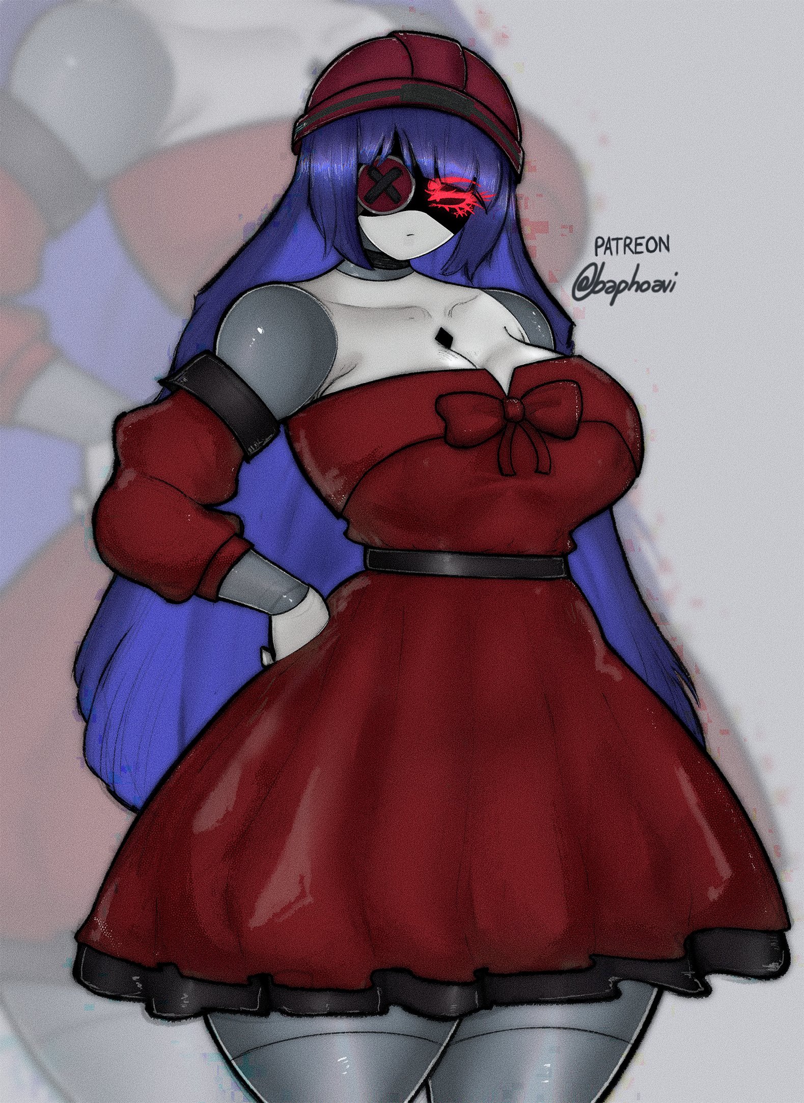 2d, 2d (artwork), android, android girl, baphoavi, big breasts, breasts, clothed, clothed female, doll (murder drones), dress, female, female focus, female only, large boobs, large breasts, long hair, long hair female, murder drones, prom dress, purple hair, purple hair female, red dress, red eyes, red eyes female, solo, solo female, solo focus