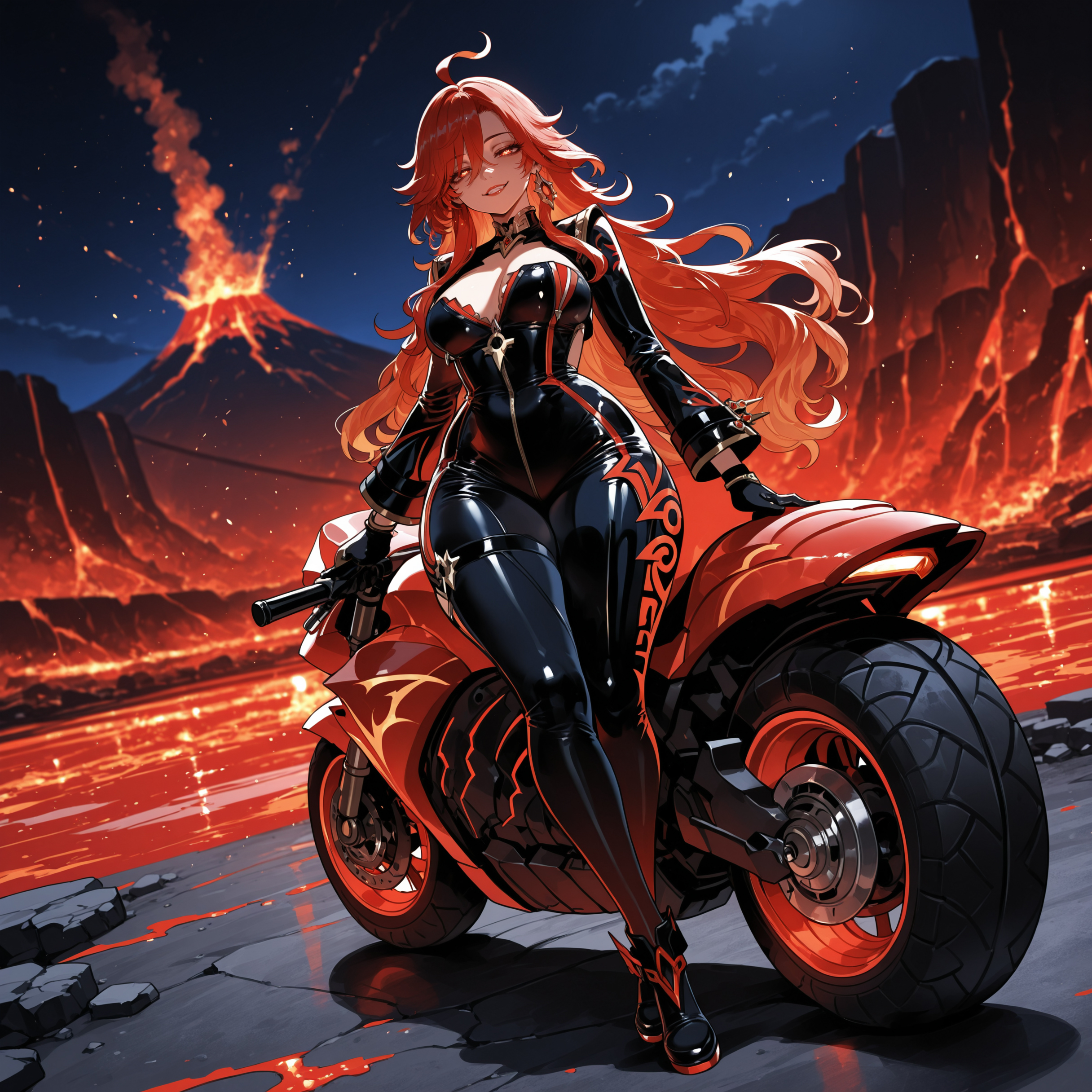 1girls, ahoge, ai generated, biker clothes, black bodysuit, black footwear, black gloves, bodysuit, breasts, cleavage, clothing, curvaceous, curvaceous female, curvaceous figure, curvy, curvy figure, earrings, female, female focus, female only, fire, footwear, full body, genshin impact, gloves, hair between eyes, jewelry, large breasts, lava, long hair, long sleeves, looking at viewer, mavuika (genshin impact), miyuai, motor vehicle, motorcycle, mountain, night, night sky, on motorcycle, orange eyes, outdoors, parted lips, red eyes, red hair, reflection, sky, smile, solo, standing, star (sky), thick thighs, thighs, vehicle, volcano, voluptuous, voluptuous female, water, wide hips