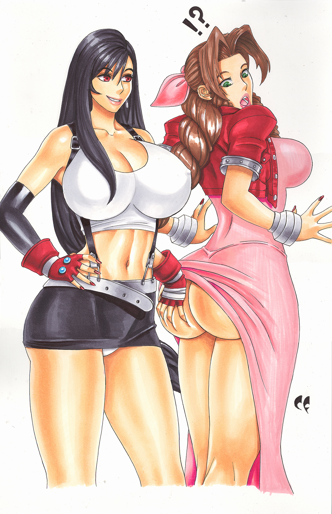 !?, 2girls, 5 fingers, aerith gainsborough, ass, ass grab, assisted exposure, belt, big ass, black hair, blush, bottomless, bottomless skirt, bracelet, braid, breasts, brown hair, bubble ass, bubble butt, chris foulkes, cleavage, clothed, cropped jacket, cropped legs, deep skin, different ass sizes, dress, dress lift, female, female only, final fantasy, final fantasy vii, fingerless gloves, gloves, green eyes, hair ribbon, hourglass figure, huge breasts, human, human only, impossible clothes, impossible dress, jacket, large breasts, lipstick, long hair, looking back, miniskirt, multiple females, nail polish, navel, no bra, no panties, panties, pink dress, red eyes, red nails, ribbon, short skirt, sideboob, single braid, skirt, skirt lift, smile, square enix, standing, straight hair, surprised, suspenders, tank top, thick thighs, thong, tied hair, tifa lockhart, underwear, upskirt, very long hair, voluptuous, white background, white panties, white underwear, yuri