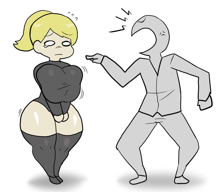 1boy, 1girls, 2d, 2d (artwork), angry, anonymous male, big ass, big breasts, big butt, big thighs, blonde hair, boss, crying, crying with eyes open, enigi09, original, original character, ponytail, scolding, spy, spy-chan, squished breasts, yelling