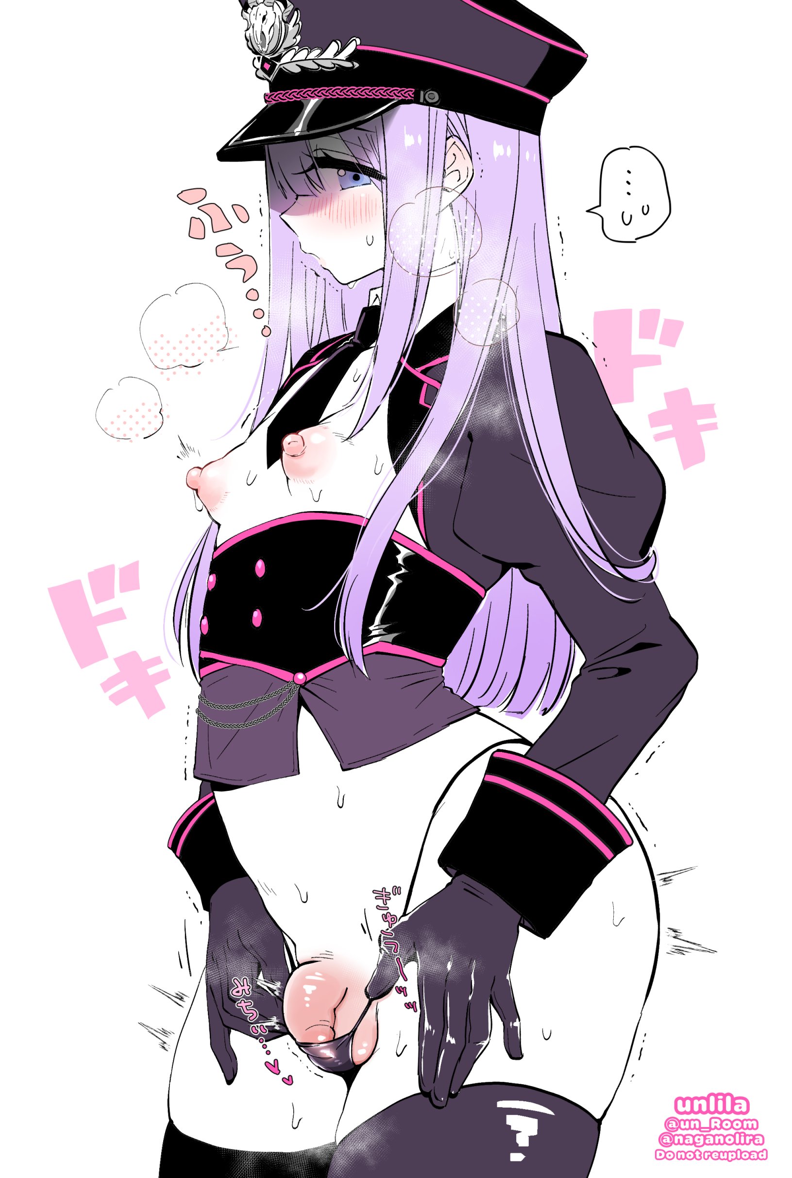 1femboy, areolae, balls, balls in panties, blue eyes, blush, erect nipples, femboy, feminine male, girly, gloves, hat, long hair, male, nagano rira, nipples, original, otoko no ko, panties, penis, purple hair, sissy, solo, solo femboy, solo focus, tagme, thighhighs, trap, unlila