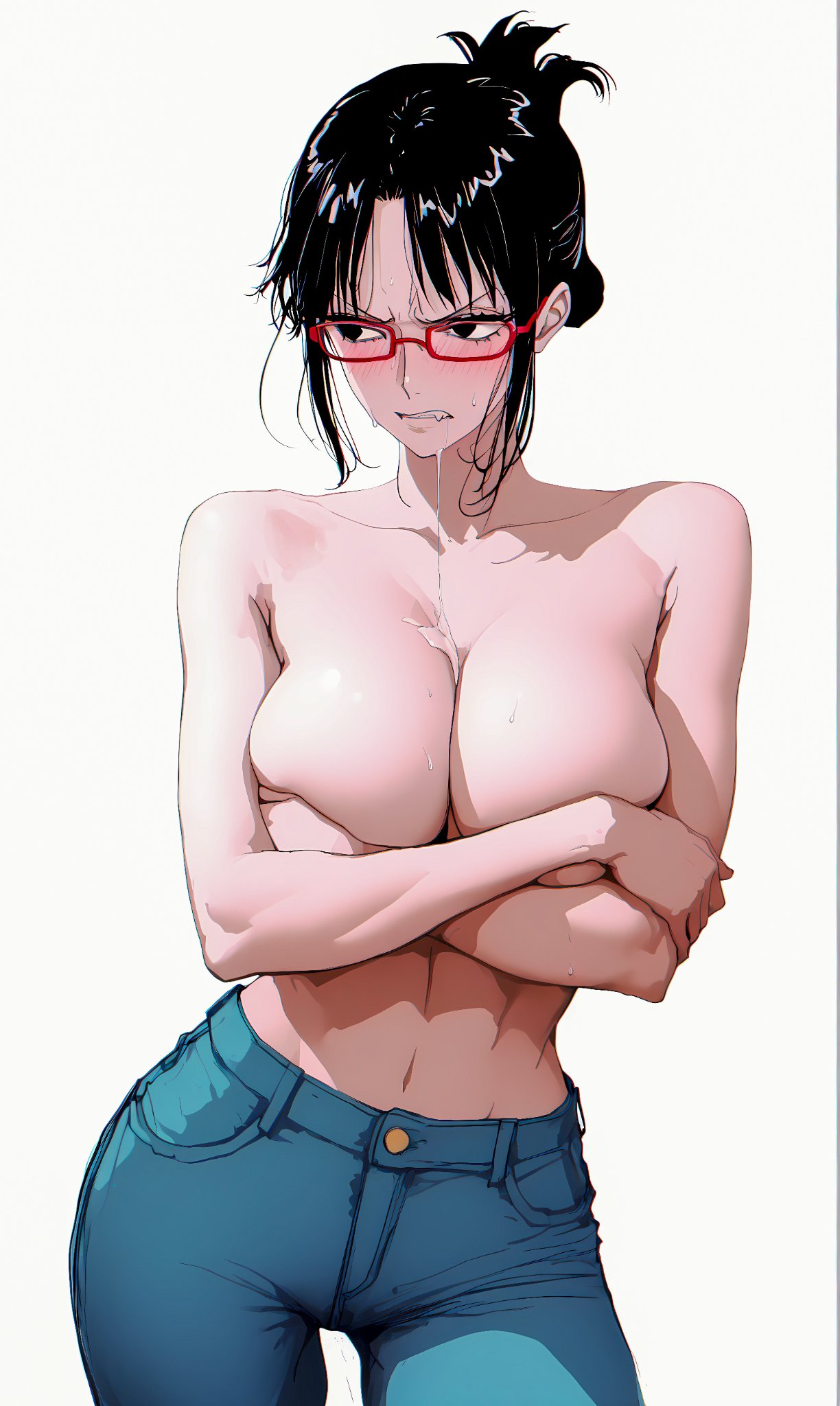 1girls, ai generated, black hair, black-haired female, female, female only, glasses, glasses on face, one piece, pants only, tashigi, topless, topless female, without bra