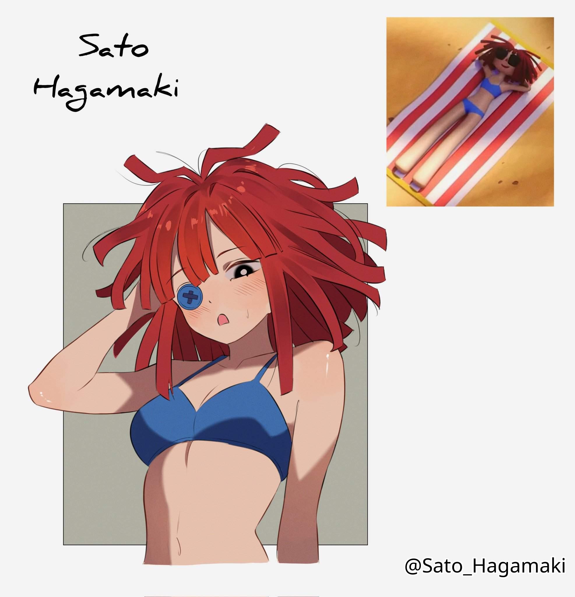 1girls, 2d, 2d (artwork), 2d artwork, arm behind head, average breasts, bare arms, bare belly, bare chest, bare hands, bare midriff, bare navel, bare shoulders, bare skin, beach episode (tadc), belly, belly button, bikini, bikini top, black eyes, black-eyed female, blue bikini, blue bikini top, blue swimsuit, blue swimwear, blush, blush face, blushing at viewer, blushing female, blushing lines, breasts, button eye, cleavage, collarbone, color, digital, digital art, digital drawing, digital drawing (artwork), digital media, digital media (artwork), elbows, exposed arms, exposed belly, exposed chest, exposed midriff, exposed navel, exposed shoulders, exposed skin, female, female focus, female only, grey background, hair between eyes, halterneck, hand behind head, high resolution, highres, lean figure, long hair, looking at viewer, looking down, looking down at viewer, medium breasts, midriff, narrow waist, navel, open mouth, parted lips, petite, petite body, petite breasts, petite female, petite girl, petite tits, ragatha (beach outfit), ragatha (the amazing digital circus), red hair, red-haired female, reference image, sato hagamaki, shoulders, simple background, slender body, slender waist, slim waist, solo, standing, string bikini, swimsuit, swimwear, the amazing digital circus, tongue, twitter link, upper body, white background, white pupils
