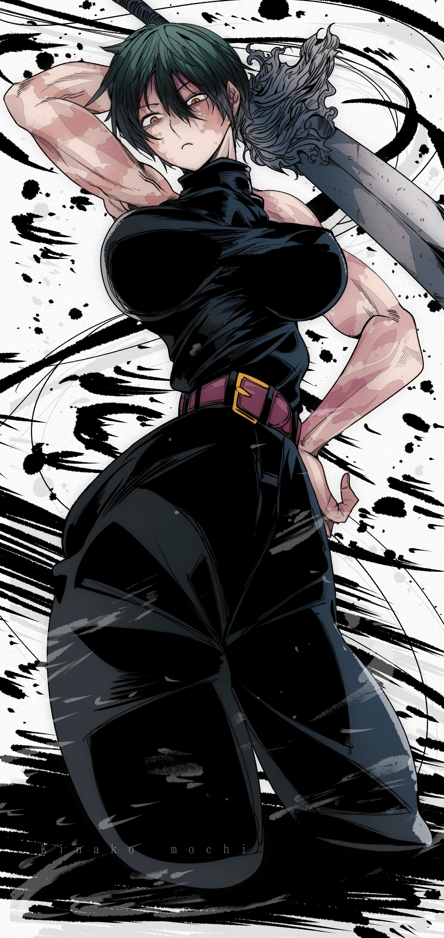 1girls, belt, black pants, black shirt, breasts, brown eyes, female, female only, green hair, green-haired female, hand on own hip, holding, holding sword, holding weapon, jujutsu kaisen, kinakomochi (user vedc2333), large breasts, looking at viewer, muscular, omochi db, pants, pink belt, scar, scar on arm, scar on face, shirt, short hair, sleeveless, sleeveless shirt, standing, sword, turtleneck, turtleneck shirt, weapon, white background, zen'in maki, zenin maki