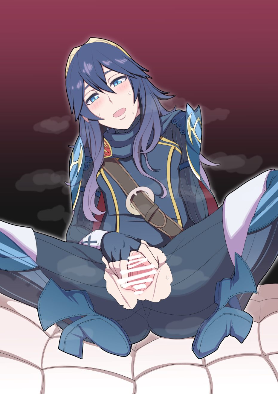 armor bar_censor belt blue_eyes blue_hair blush cape censored female female_only fingerless_gloves fire_emblem fire_emblem_awakening gloves highres human lucina_(fire_emblem) open_mouth pauldrons pussy solo spread_pussy sweat tiara umayahara0130