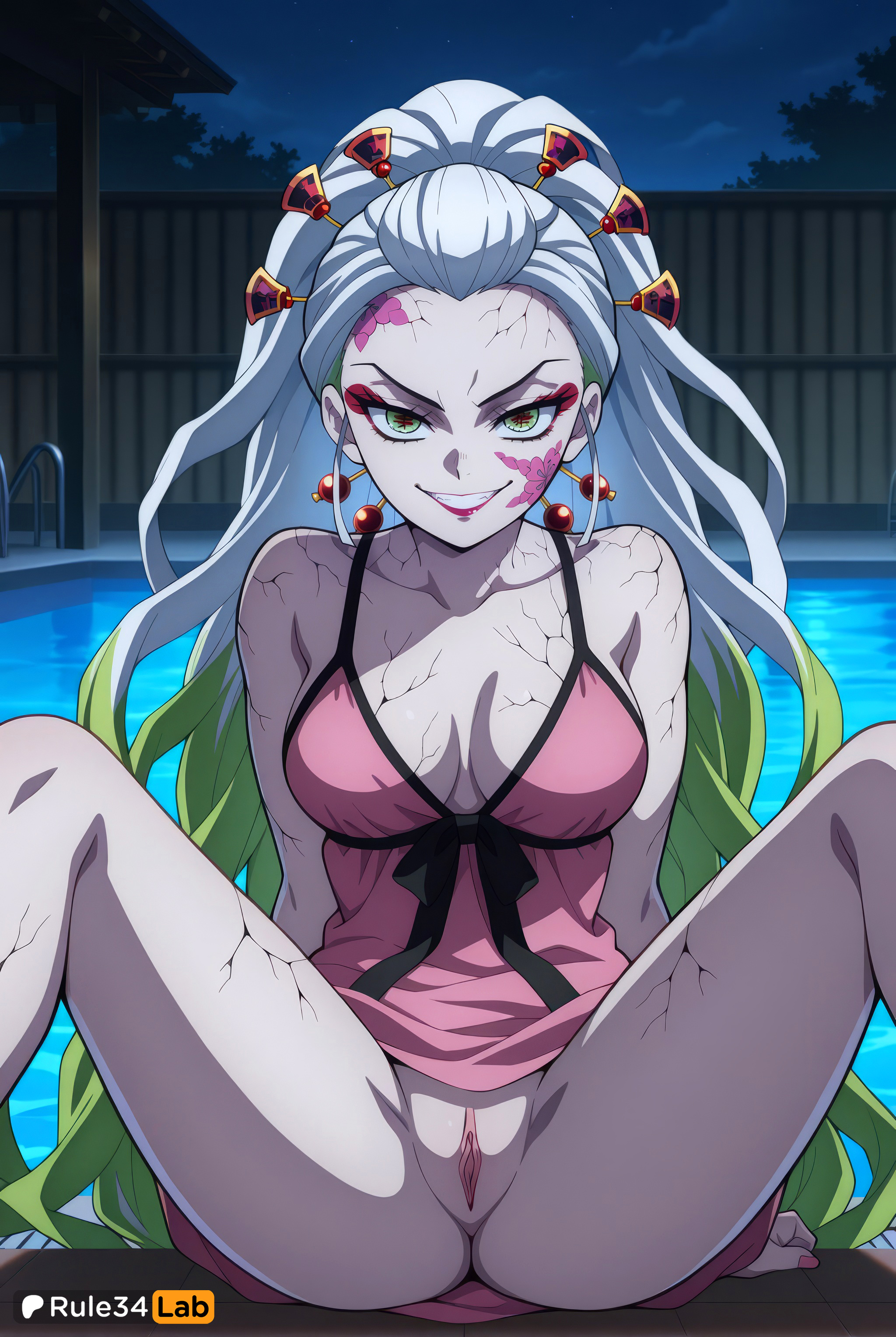 1girls, ai generated, artist name, breasts, cleavage, collarbone, daki (kimetsu no yaiba), demon slayer, facial mark, female, female only, gradient hair, green eyes, green hair, grin, hair ornament, hi res, kimetsu no yaiba, large breasts, long hair, looking at viewer, multicolored hair, night, outdoors, pool, pussy, rule34lab, sitting, sky, smile, solo, spread legs, uncensored, very long hair, white hair