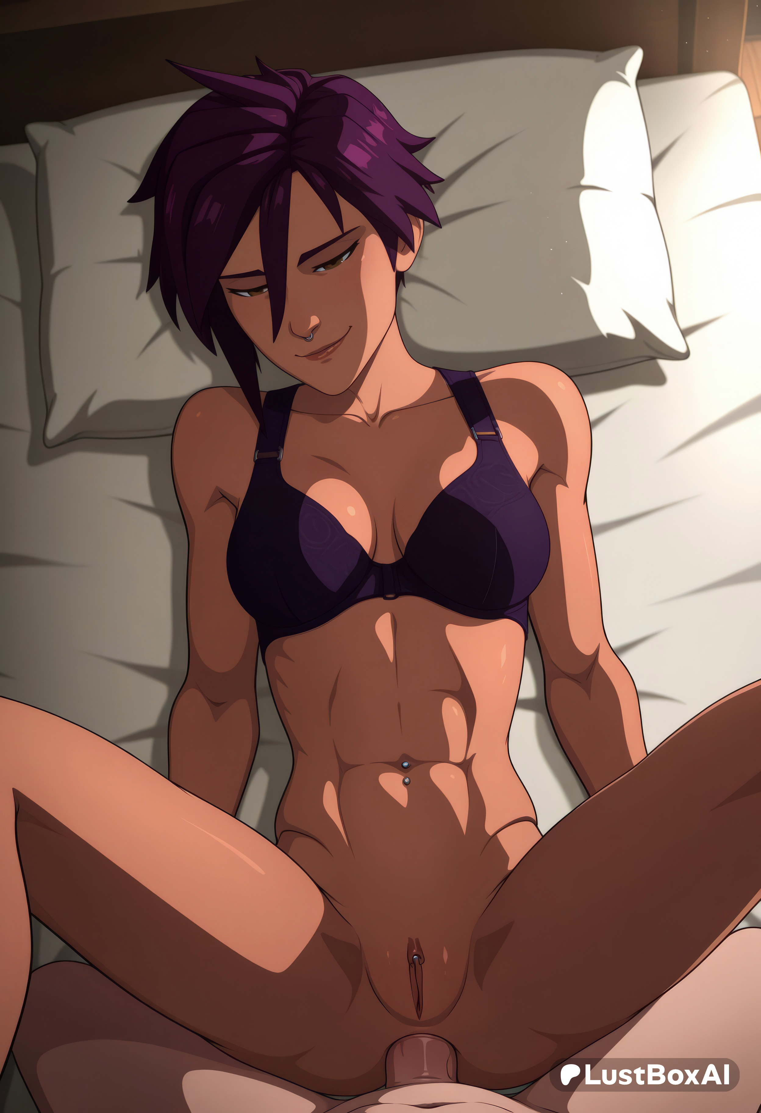1boy, 1boy1girl, 1girls, abs, ai generated, anal, anal sex, bed, black bra, bottomless, bra, breasts, brown eyes, clitoral hood, clitoris, collarbone, dark skin, dispatch (game), female, hair between eyes, hi res, invisigal, looking at viewer, lustboxai, lying, medium breasts, missionary, muscular, muscular female, navel, navel piercing, on back, on bed, panties, penis, piercing, pillow, pov, purple bra, purple hair, pussy, sex, short hair, smile, solo focus, spread legs, straight, tomboy, toned, uncensored, underwear