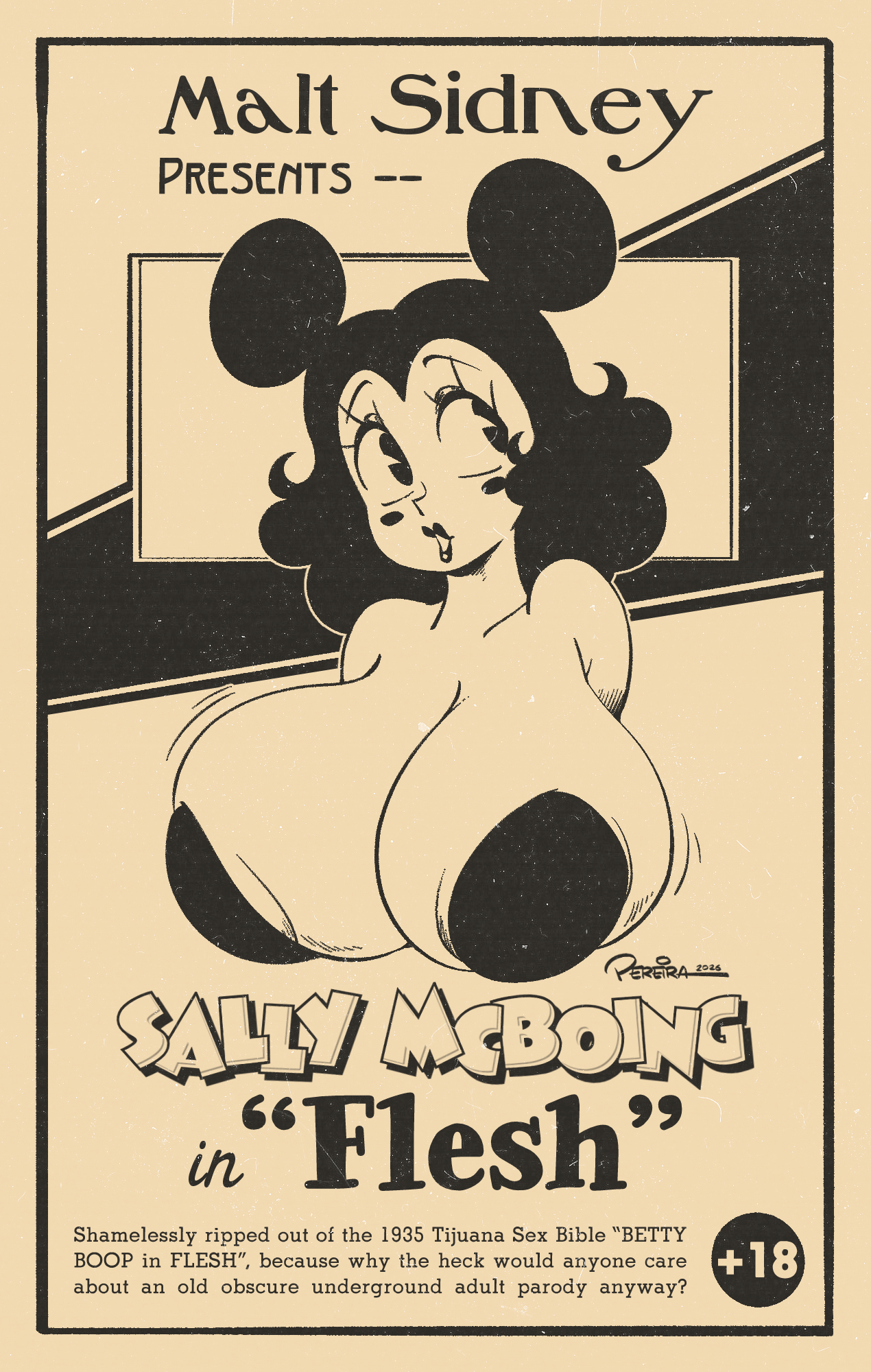 1girl, big breasts, black and white, female, huge breasts, joaoppereiraus, poster, rubber hose, sally mcboing, text