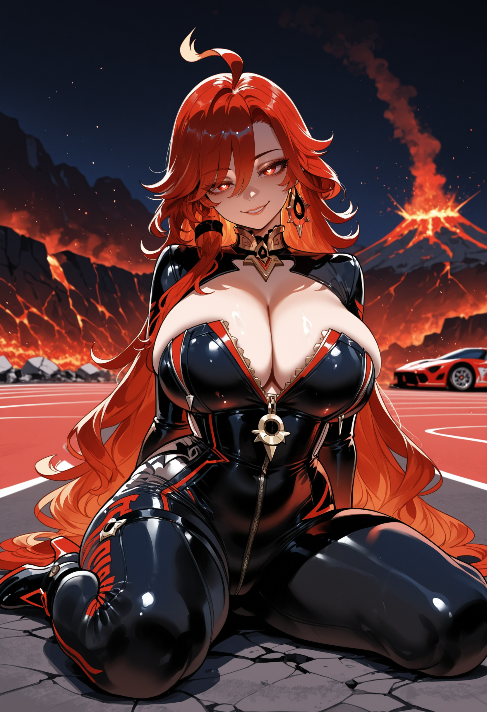 1girls, ahoge, ai generated, black bodysuit, bodysuit, breasts, bright pupils, car, cleavage, cleavage cutout, clothing, curvaceous, curvaceous female, curvaceous figure, curvy, curvy figure, earrings, female, female focus, female only, fire, genshin impact, grin, hair between eyes, head tilt, high heels, hoop earrings, huge breasts, inviting, jewelry, large breasts, lava, long hair, looking at viewer, mavuika (genshin impact), miyuai, motor vehicle, mountain, night, night sky, outdoors, parted lips, partially unzipped, presenting, presenting ass, presenting breasts, presenting hindquarters, presenting self, red eyes, red hair, seductive, seductive look, seductive smile, sitting, skin tight, skindentation, sky, smile, solo, sports car, thick thighs, thigh strap, thighs, very long hair, volcano, voluptuous, voluptuous female, wariza, white pupils, zipper