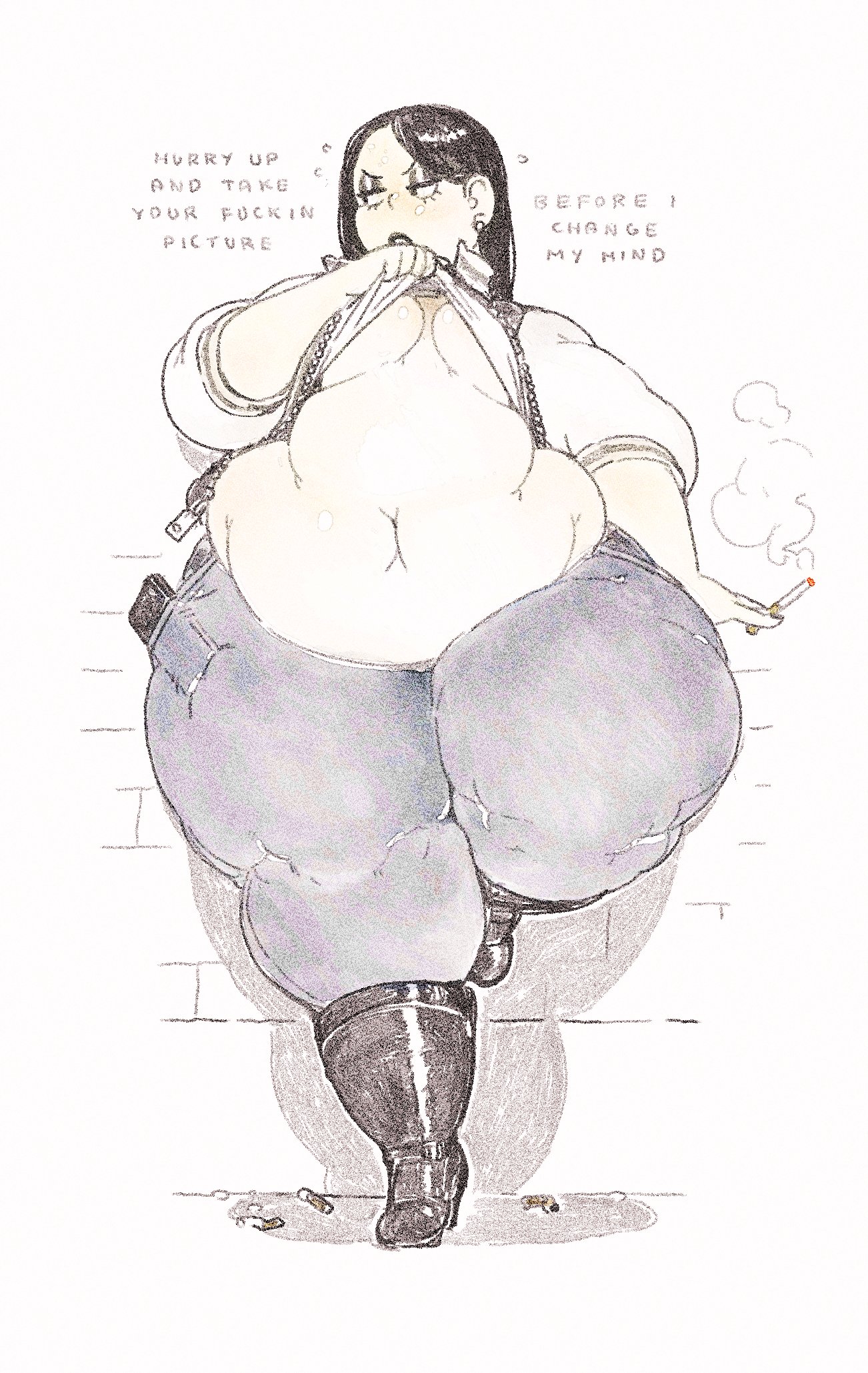 bbw, bedroom eyes, belly, black hair, bottom heavy, dark hair, embarrassed, eyeshadow, fat ass, flashing, hedda, huge ass, obese, pear-shaped figure, polocom, underboob