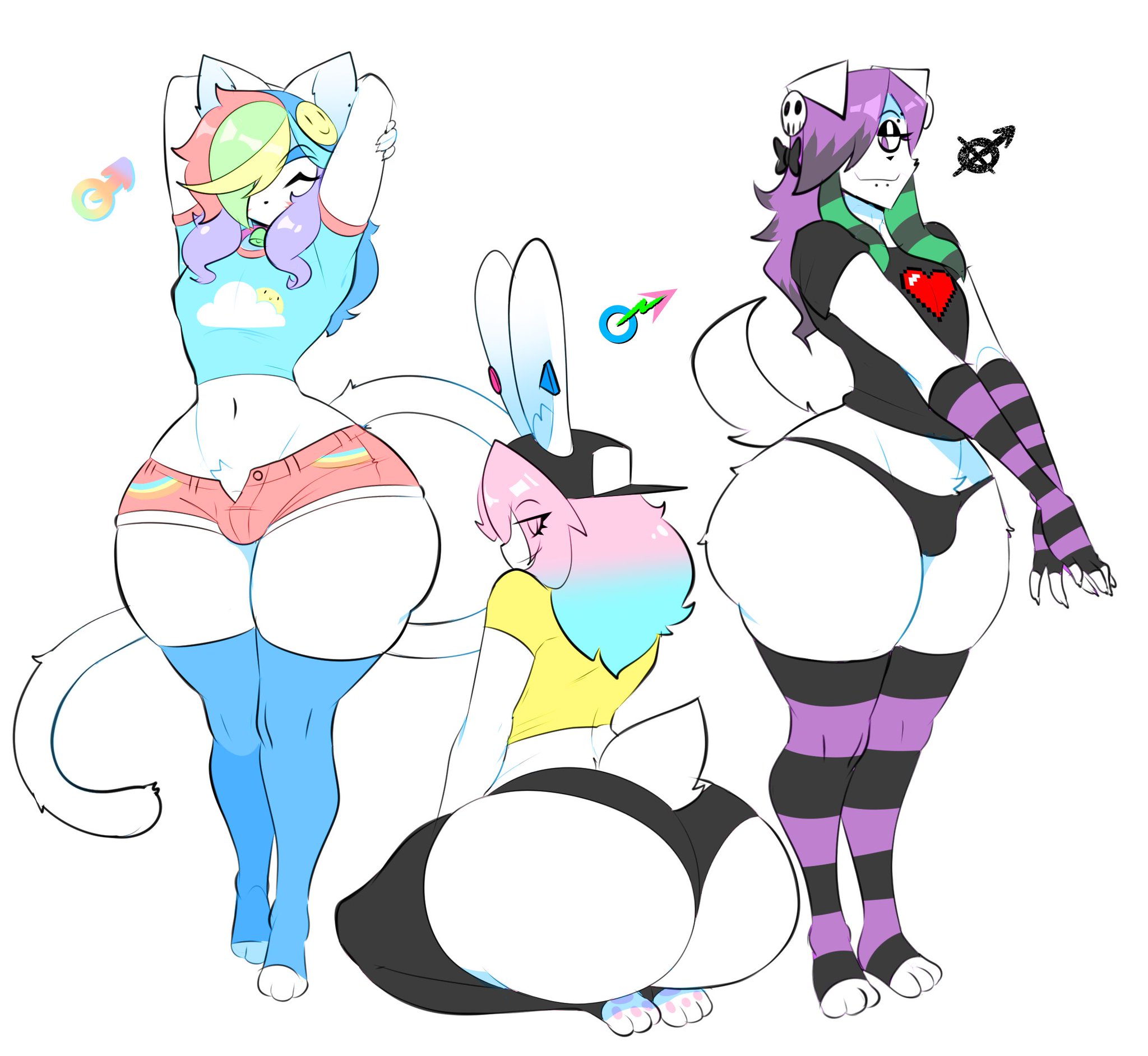 2d, 2d (artwork), 2d animation, 3femboys, arms up, armwear, ass, asscheeks, black legwear, blue legwear, booty shorts, bulge, bunny, bunny boy, bunny ears, bunny tail, canine, cat boy, cat ears, cat tail, closed eyes, curvy, curvy body, curvy figure, curvy hips, curvy male, digital drawing (artwork), digital media (artwork), dog boy, dog ears, dog tail, feline, femboy, femboy focus, femboy only, feminine male, finley (theycallhimcake), furry, furry femboy, furry only, girly, girly boy, girly clothing, hips, hips wider than shoulders, huge ass, kyler (theycallhimcake), legwear, male symbol, multicolored hair, multiple boys, non-human, panties, peanut butter (theycallhimcake), penis in panties, purple hair, rainbow hair, short shorts, striped armwear, striped legwear, tail, theycallhimcake, thick thighs, thighhighs, thighs, two-tone hair, voluptuous femboy, white background, white body, white fur, wide hips