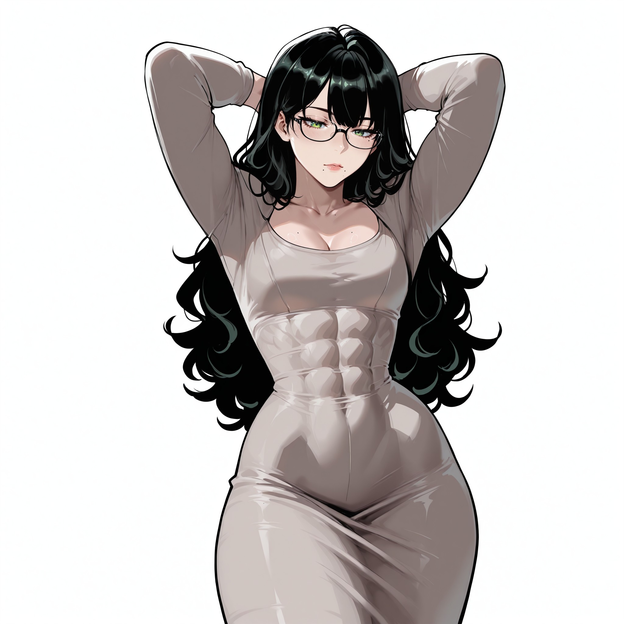 1girls, abs, ai generated, black hair, dongtan dress, glasses, muscular female, parahumans, procyon ai, solo, solo female, taylor hebert, tight clothing, tight dress