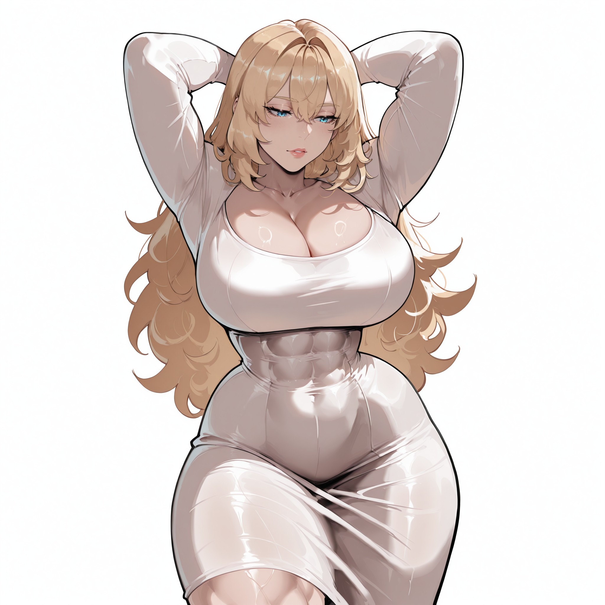 1girls, abs, abs visible through clothing, ai generated, blonde hair, blue eyes, breasts, dongtan dress, dress, female, female only, glory girl, huge breasts, large breasts, light-skinned female, muscular female, parahumans, procyon ai, solo, solo focus, thick thighs, tight clothing, tight dress, victoria dallon, wide hips