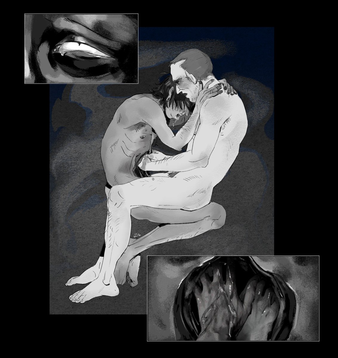 2boys, blush, coat guy (no, i'm not a human), discohospitl, drooling, eyes rolling back, fully nude, male only, no, i'm not a human, protagonist (no, i'm not a human), sweating, uncommon stimulation, unusual anatomy