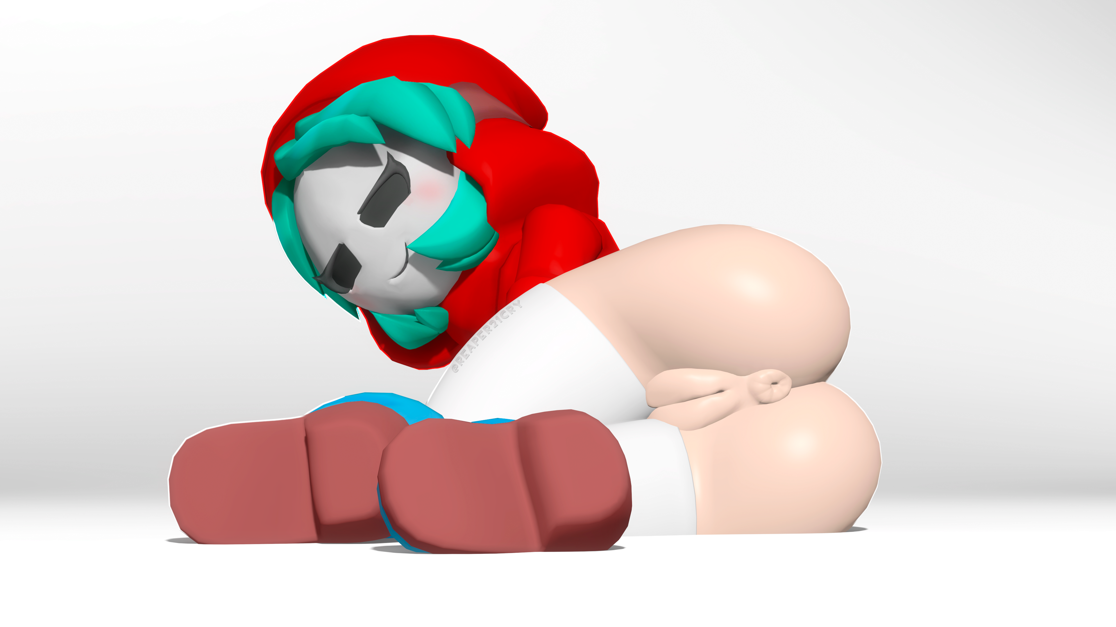 1girls, 3d, 3d (artwork), 4k resolution, alternate version available, anus, ass, ass focus, big ass, big butt, boots, clothes, cyan hair, female, female focus, female only, genitals, hi res, high resolution, highres, hood, hoodie, looking at viewer, looking back, lying, lying on side, mario (series), mario bros, mask, masked, masked female, nintendo, no panties, plump labia, puffy anus, puffy pussy, pussy, reaper21cry, red clothing, seductive eyes, seductive look, sfm, shy gal, smile, smiling, solo, solo female, solo focus, source filmmaker, source filmmaker (artwork), stockings, thick ass, thick hips, thick thighs, thighs, white background