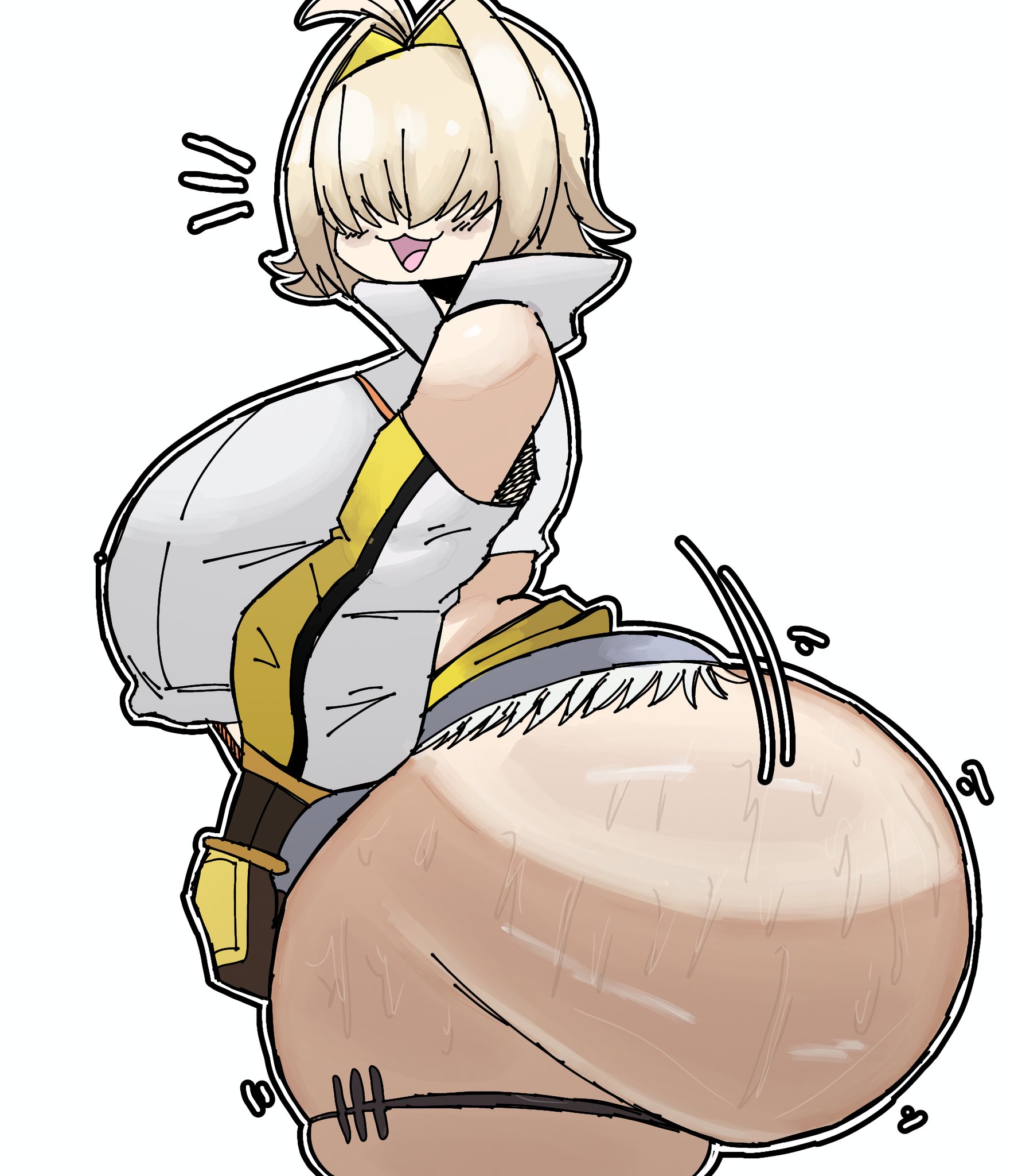 1girls, ass, ass bigger than breasts, ass bigger than head, ass focus, bangs, bangs over eyes, big ass, big breasts, big butt, blonde hair, bottom heavy, bubble ass, clapping ass, clapping cheeks, digital drawing (artwork), digital media (artwork), elegg (nikke), gluteal fold, goddess of victory: nikke, hair between eyes, hair covering eyes, huge ass, lolbear 9, looking at viewer, massive ass, mouth open, open mouth, smiley face, smiling at viewer, sweat, sweating, sweaty ass, sweaty body, thick, thick ass, thick legs, twitter link, white background