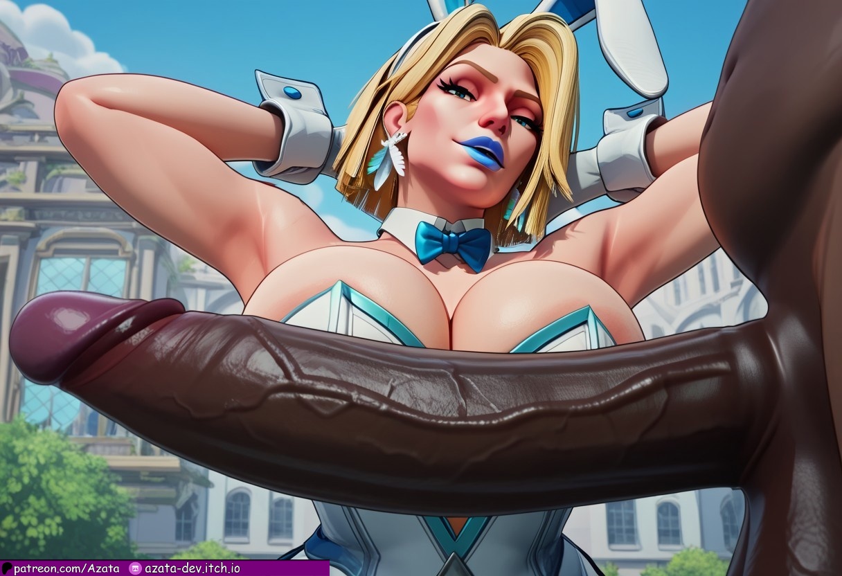 1boy, 1girls, ai generated, azataai, balls, big breasts, blonde female, blonde hair, blue eyes, blue lipstick, bob cut, breasts, bunny ears, bunnysuit, collar, dark penis, dark skin, dark-skinned male, emma frost, emma frost (marvel rivals), fat male, fat penis, female, hand on hip, highres, huge balls, imminent oral, in love with cock, interracial, leotard, looking at viewer, male, marvel, marvel comics, marvel rivals, mesmerized, musky cock, partial male, penis, penis awe, penis on face, smug grin, sniffing penis, solo focus, suprised eyes, thick legs, thick penis, veiny penis