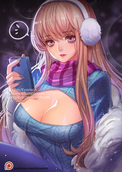 blonde_hair breasts cleavage cleavage_cutout clothing earmuffs female league_of_legends long_hair phone purple_eyes scarf snow snow_day_syndra snowdown_showdown_series songjikyo syndra winter