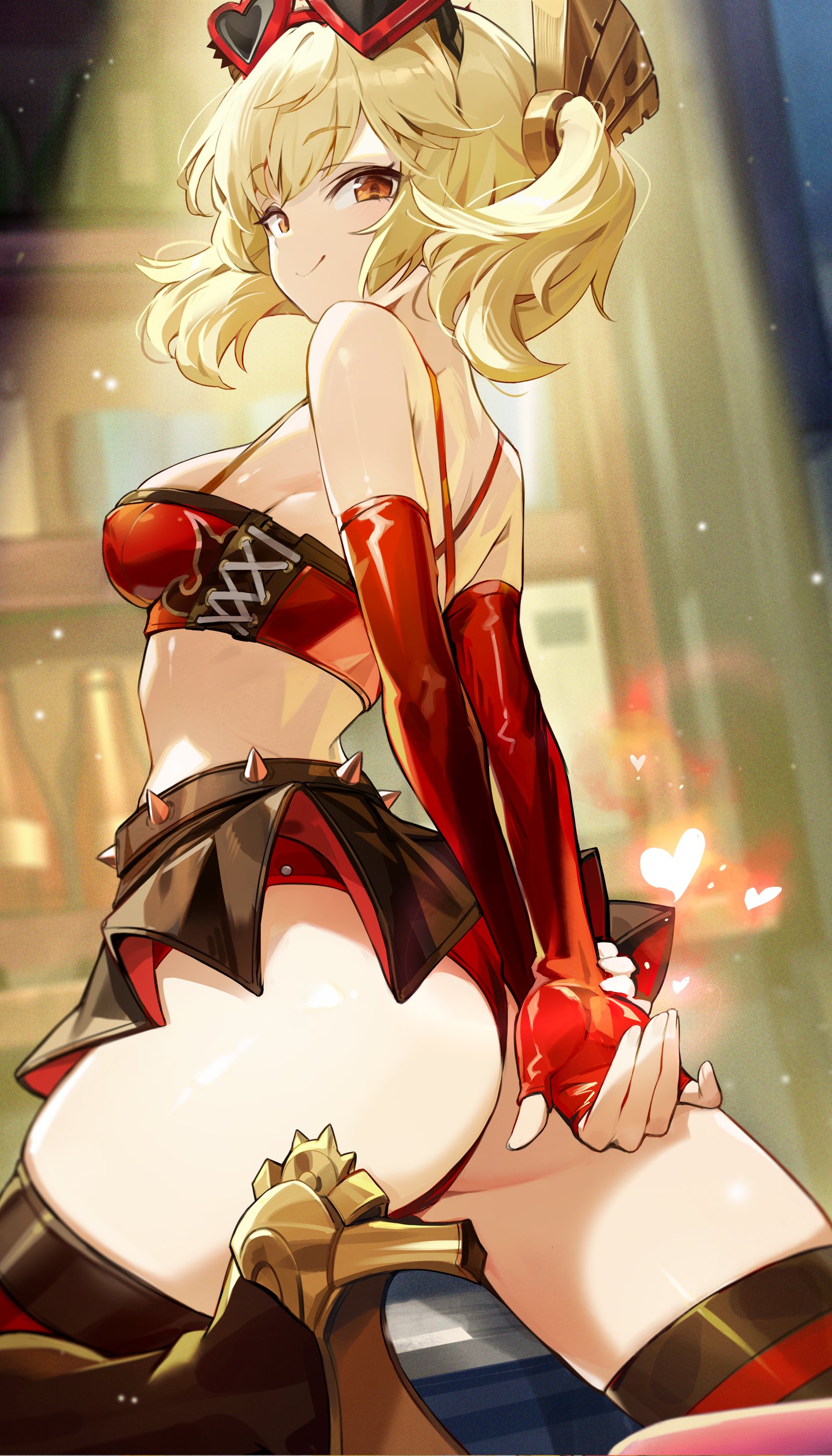 1girls, absurdres, ass, back, bare shoulders, belt, black belt, black boots, black skirt, blonde hair, boots, breasts, burnice white, crop top, elbow gloves, eyewear on head, female, female only, fingerless gloves, gloves, goomrrat, half-closed eyes, heart, heart-shaped eyewear, highres, large breasts, looking at viewer, looking back, orange eyes, red gloves, red shirt, shirt, short hair, skirt, solo, spiked belt, stomach, sunglasses, thick thighs, thighs, tinted eyewear, twintails, two-tone skirt, zenless zone zero