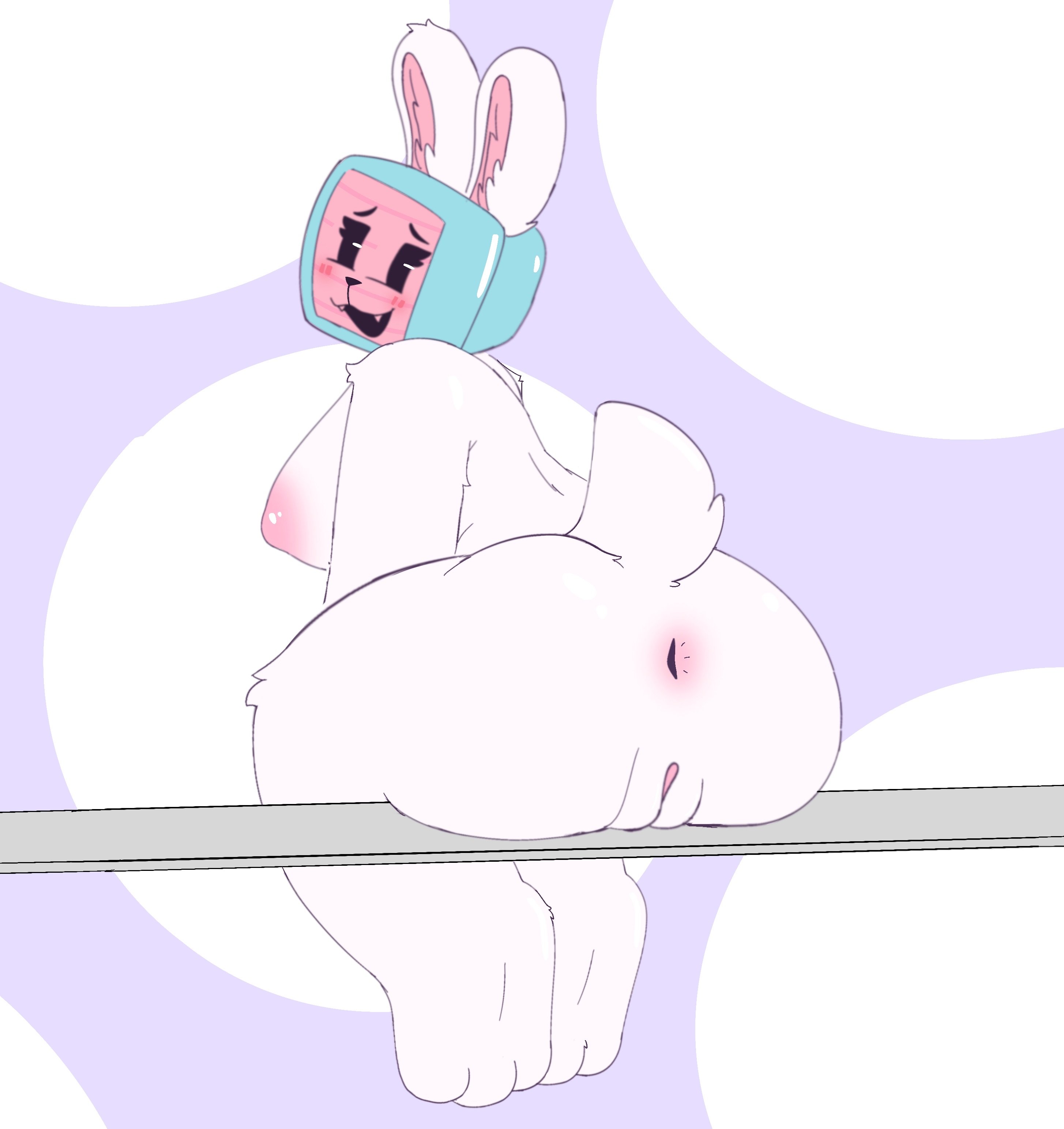 1girls, ass, ass focus, bunny ears, bunny girl, bunny tail, female, furry, looking at viewer, looking back, melanie (regretevator), regretevator, sitting, sugarnsfw , sugarnsfw (artist), tv head, white fur