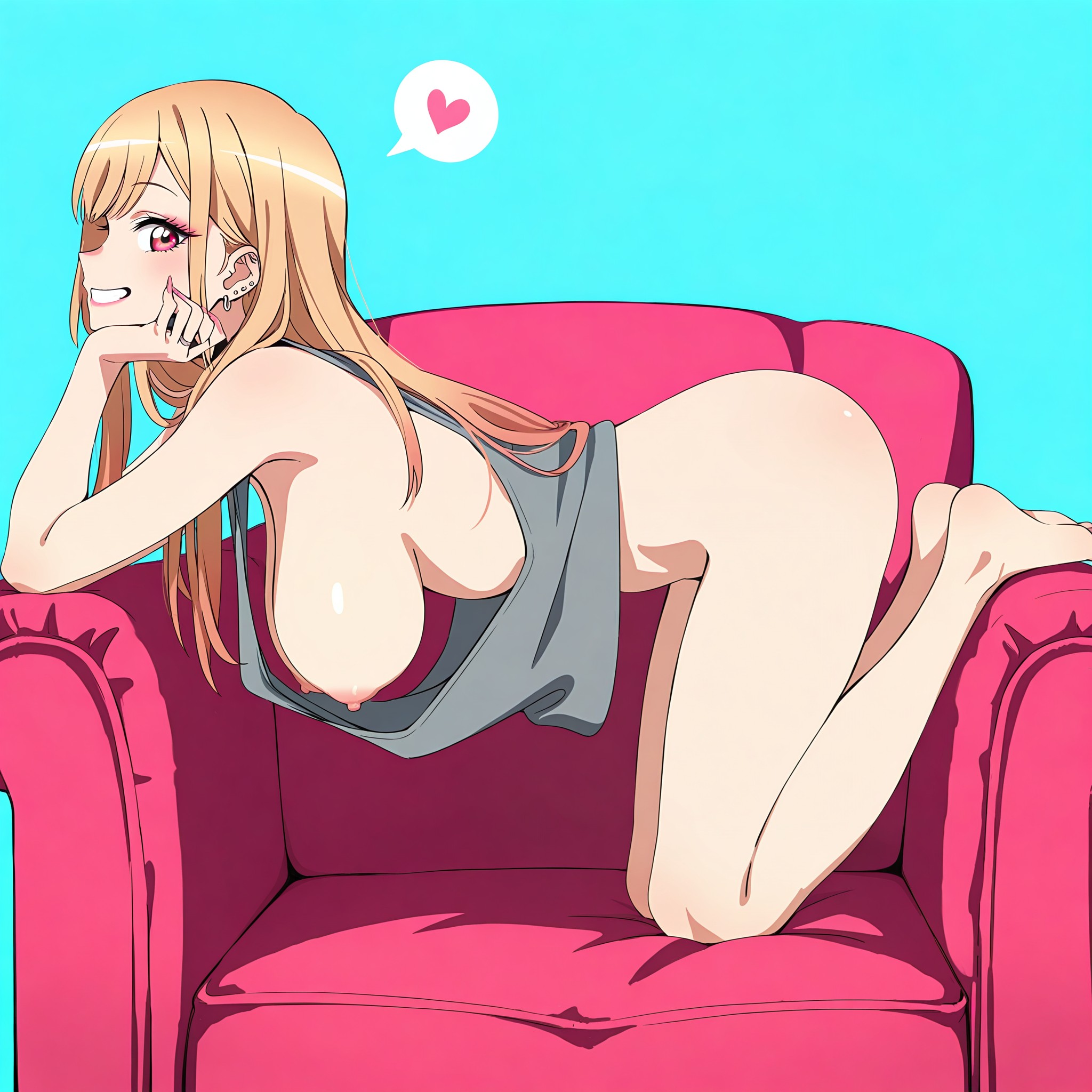 ai generated, aqua background, armchair, barbell piercing, bare arms, bare shoulders, barefoot, blonde hair, blue background, blush, bottomless, breasts, chair, ear piercing, earrings, elbow rest, feet, female, from side, full body, grey shirt, grey tank top, grin, hanging breasts, head rest, heart, industrial piercing, jewelry, kitagawa marin, kneeling, large breasts, legs, long hair, looking at viewer, looking to the side, loose clothes, loose shirt, makeup, multiple piercings, nail polish, nipples, no bra, piercing, pink nails, profile, red eyes, shiny skin, shirt, sideways glance, simple background, smile, solo, sono bisque doll wa koi wo suru, spoken heart, tank top, teeth, thighs