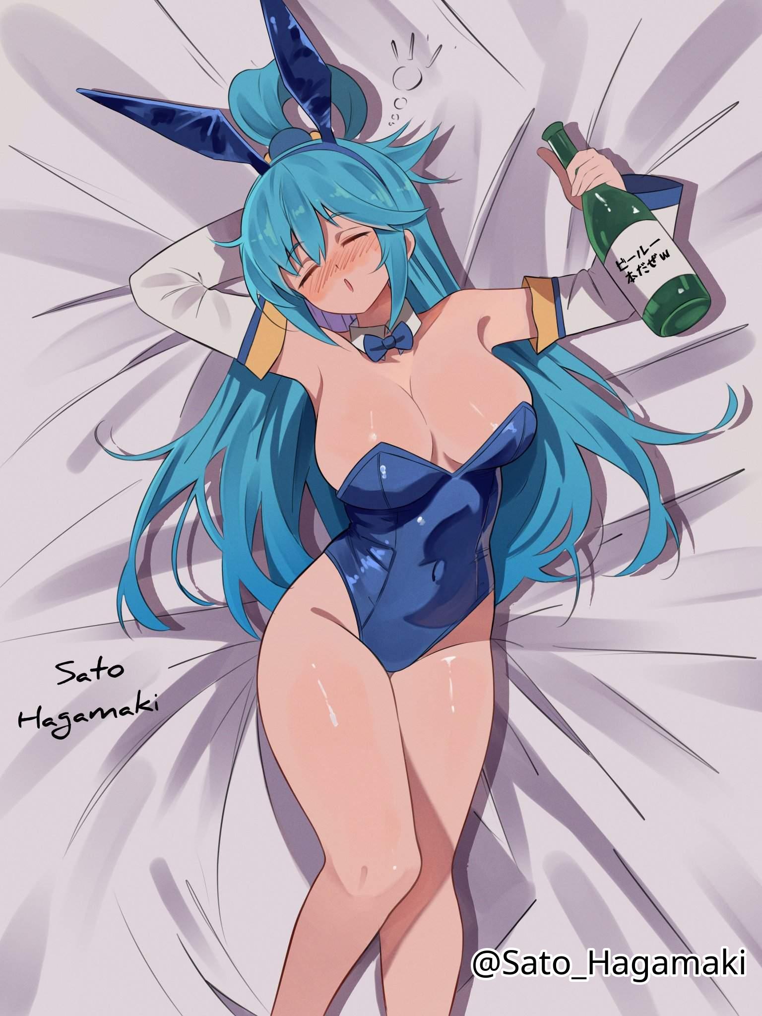 1girls, 2d, 2d (artwork), 2d artwork, adult, adult female, alcohol, alcohol bottle, alcoholic drink, aqua (konosuba), armpits, bare armpits, bare calves, bare chest, bare hands, bare hips, bare knees, bare legs, bare shoulders, bare skin, bare thighs, belly button, bewitching thighs, big breasts, blue bowtie, blue bunny ears, blue bunnysuit, blue hair, blue hairband, blue leotard, blue topwear, blue-haired female, blush, blush face, blushing female, blushing lines, bowtie, breasts, bunny ears, bunnygirl, bunnygirl outfit, bunnysuit, busty, busty female, busty girl, child bearing hips, cleavage, closed eyes, collar, collarbone, curvaceous, curvaceous body, curvaceous female, curvaceous figure, curvaceous hips, curvy, curvy body, curvy female, curvy figure, curvy hips, digital, digital art, digital drawing, digital drawing (artwork), digital media, digital media (artwork), drugged, drunk, drunk blush, drunk female, drunken eyes, exposed armpits, exposed chest, exposed hips, exposed legs, exposed shoulders, exposed skin, exposed thighs, eyebrows visible through hair, female, female focus, female only, fertile hips, fingers, groin, hair between eyes, head tilt, high resolution, highres, hourglass figure, inguinal crease, inguinal ligament, knees, knees together, knees together feet apart, kono subarashii sekai ni shukufuku wo!, large boobs, large breasts, lean figure, legs closed, legs together, legs together feet apart, leotard, long hair, lying, lying down, lying on back, lying on bed, mature, mature female, narrow waist, navel, on back, on bed, sato hagamaki, shiny breasts, shiny hair, shiny legs, shiny skin, shiny thighs, shoulders, simple background, sleeping, slender body, slender waist, slim waist, solo, thick thighs, thighs, thighs together, tilted head, topwear, upper body, useless goddess, white background, white collar, wide hips