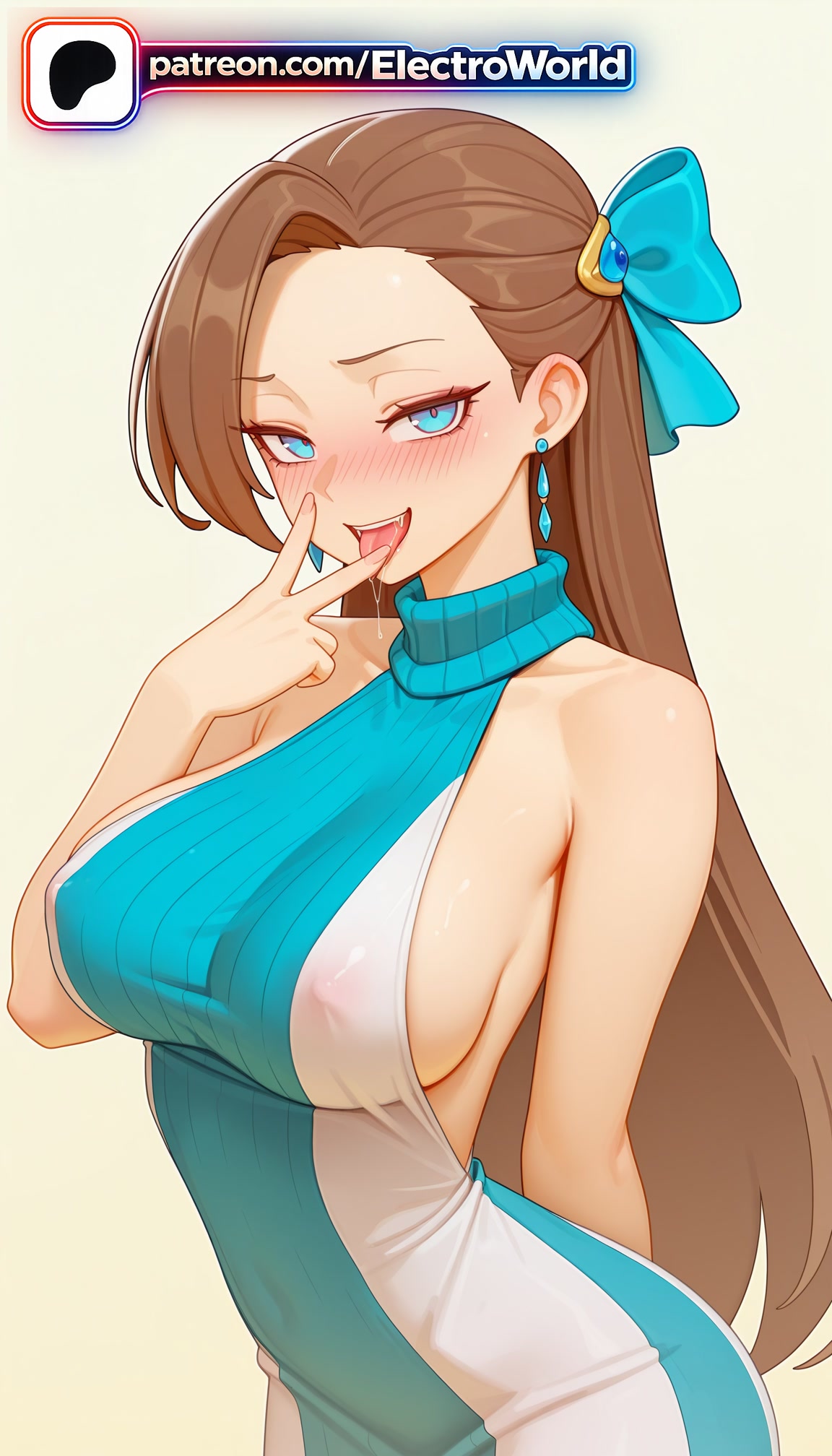 1girls, 2026, ai generated, artist name, bare shoulders, blue bow, blush, breasts, brown hair, bust, chest, covered nipples, earrings, electroworld, female, gradient, gradient background, hi res, high quality, high resolution, highres, jewelry, katarina claes, long hair, open mouth, otome game no hametsu flag shika nai akuyaku reijou ni tensei shite shimatta, patreon, patreon username, saliva, sideboob, smile, solo, stable diffusion, tongue, tongue out, virgin killer sweater, watermark