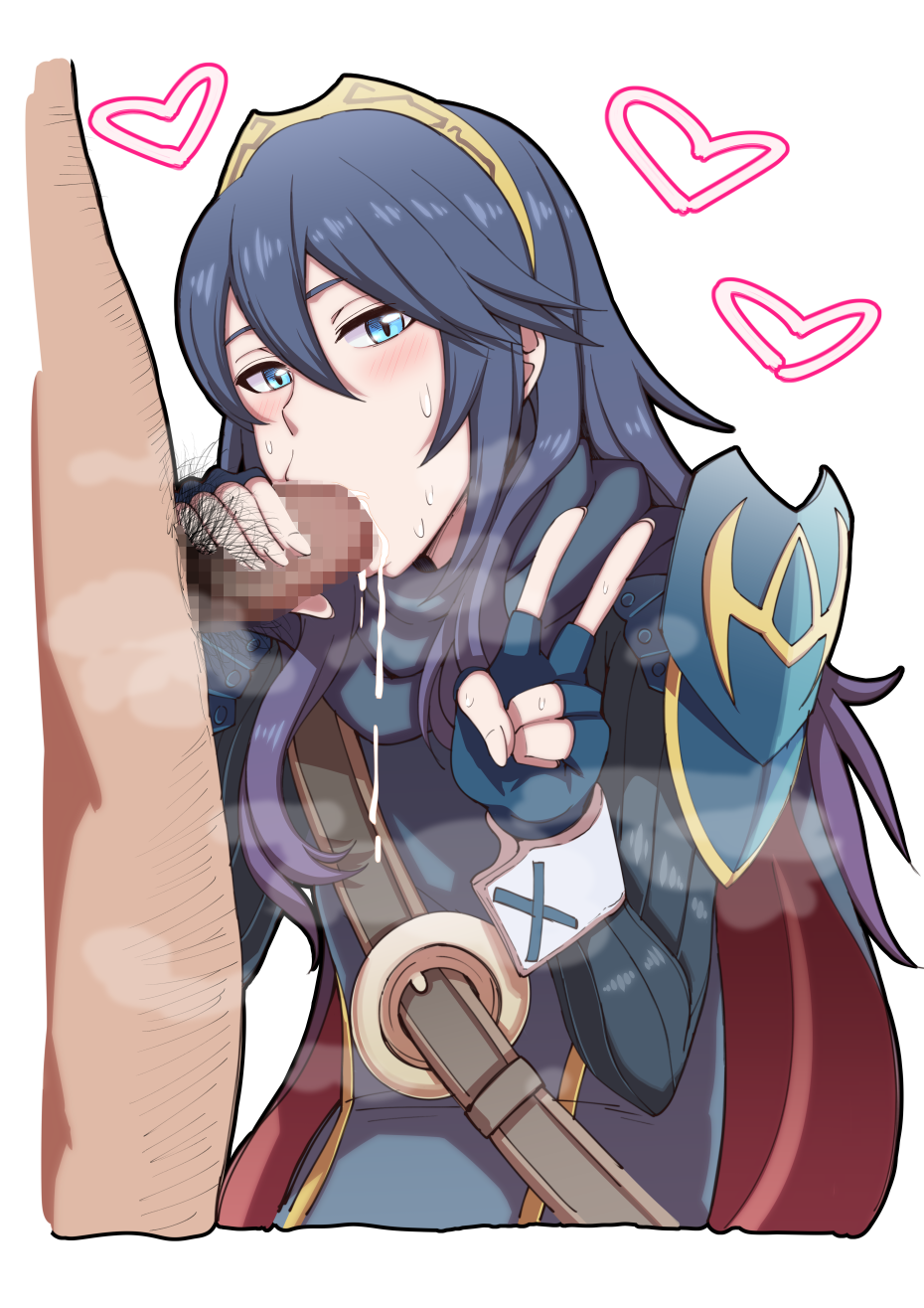 armor belt blowjob blue_eyes blue_hair blush cape censored cum cum_in_mouth fellatio female fingerless_gloves fire_emblem fire_emblem_awakening gloves heart highres human lucina_(fire_emblem) male oral pauldrons solo_focus straight sweat tiara umayahara0130 v