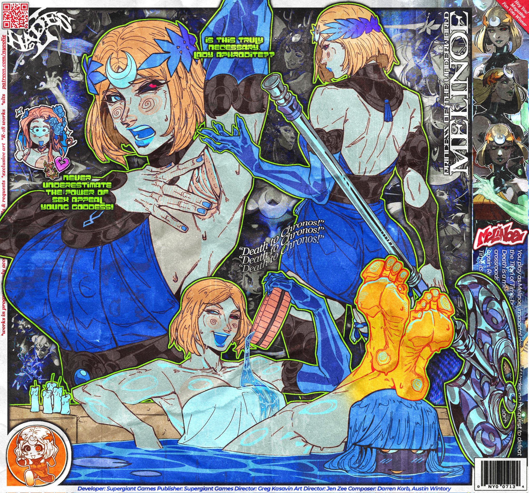 2026, 3girls, aphrodite, aphrodite (hades), arm up, armpit fetish, armpit stubble, armpits, artist name, ass, axe, back view, bath, bathing, bathtub, big breasts, black sclera, blonde hair, blue eyes, blue hair, blue lipstick, blue nails, blunt bangs, blush, breasts, busty, calves, character name, cleavage, clothed, clothed female, clothing, crossed legs, curvaceous, curvy, dark skin, dark-skinned female, dialogue, dora (hades), dress, duo, duo focus, feet, feet on head, female, female only, female/female, foot fetish, front view, fully clothed, greek mythology, hades (game), hades 2, hair, hair ornament, heterochromia, hi res, human, human only, large breasts, legs together, legs up, light skin, light-skinned female, lipstick, looking back, meaty soles, medium hair, melinoe (hades), multiple girls, nail polish, nipple bulge, nipples, no bra, nyoolie, one arm up, open mouth, orange feet, parted bangs, pool, pouring on breasts, pouring on self, presenting, presenting armpit, raised arm, red eyes, sitting, sitting in water, smile, smiling, smirk, soles, standing, sweat, sweatdrop, sweating, sweaty, sweaty armpits, sweaty body, teeth, text, thighs, toes, towel, water, weapon, wet, wet body, wet feet, wet hair, wet skin, yuri