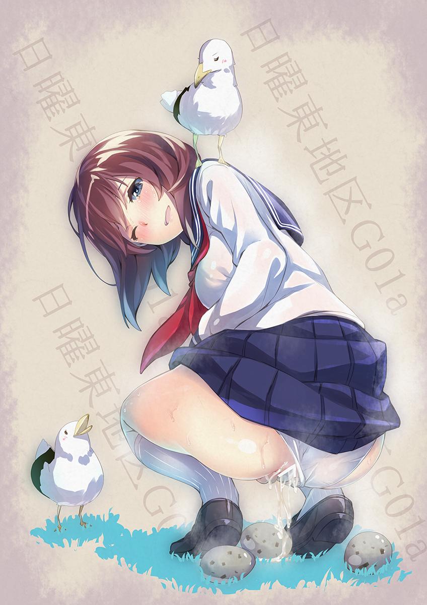 ;d animal_on_head bird bird_on_head blue_eyes blush brown_hair egg_laying fairy_(kantai_collection) female highres hinasaki kantai_collection looking_at_viewer neckerchief one_eye_closed open_mouth panties panties_aside pleated_skirt pussy_juice reppuu_(kantai_collection) school_uniform serafuku short_hair skirt smile solo squatting underwear white_panties