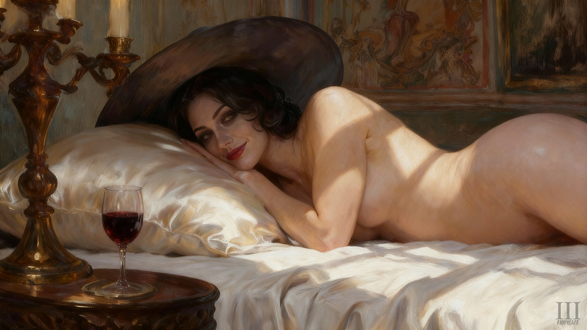 ai assisted, ai generated, alcina dimitrescu, bedroom eyes, black hair, female, hat, looking at viewer, nude, nude female, pale skin, pale-skinned female, red lipstick, resident evil, resident evil 8: village, tripleize, wallpaper, watermark, white skin, wine glass